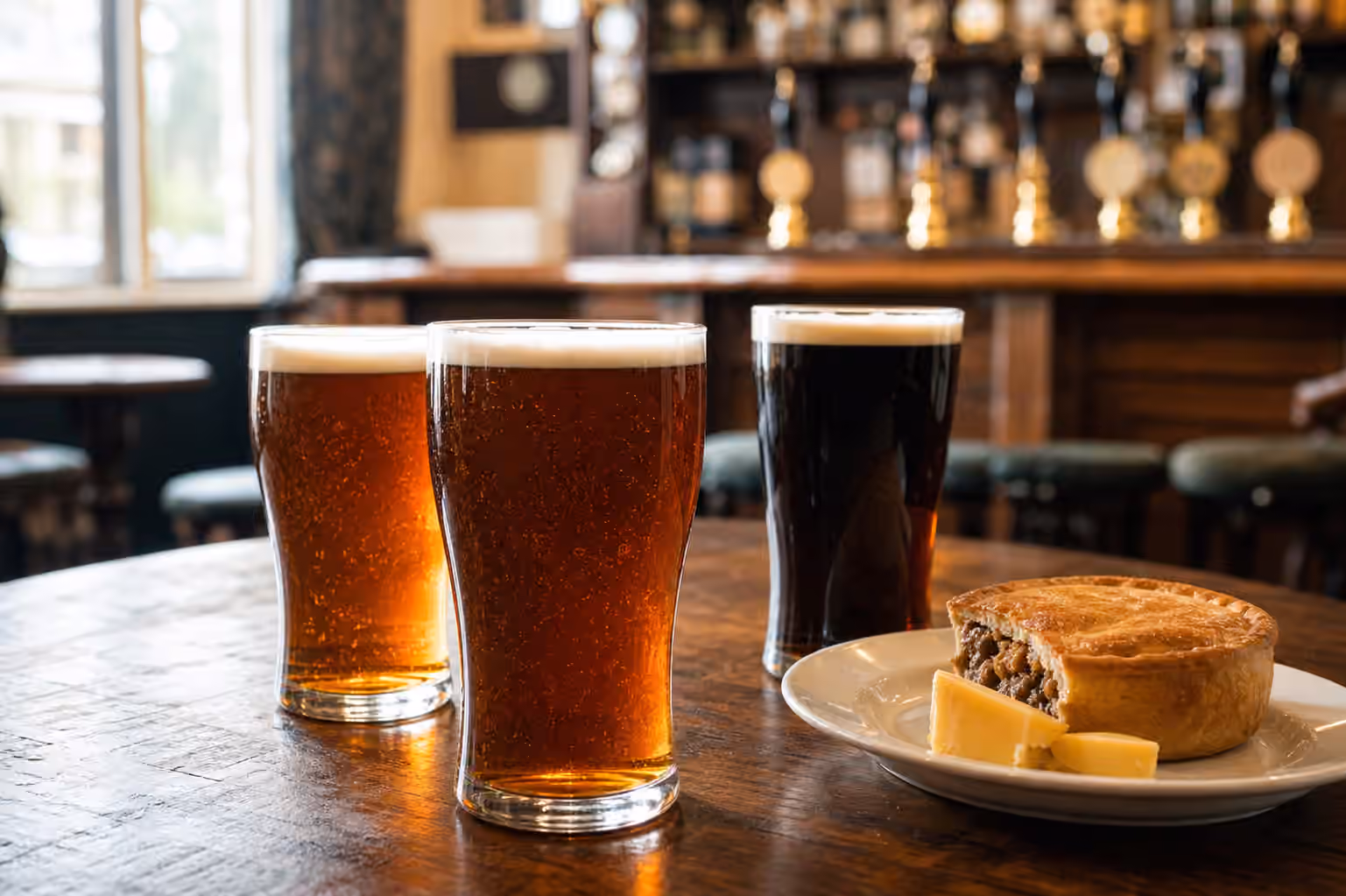 Unbranded pints of amber bitter and dark mild on a wooden pub table beside savory pie and cheese.