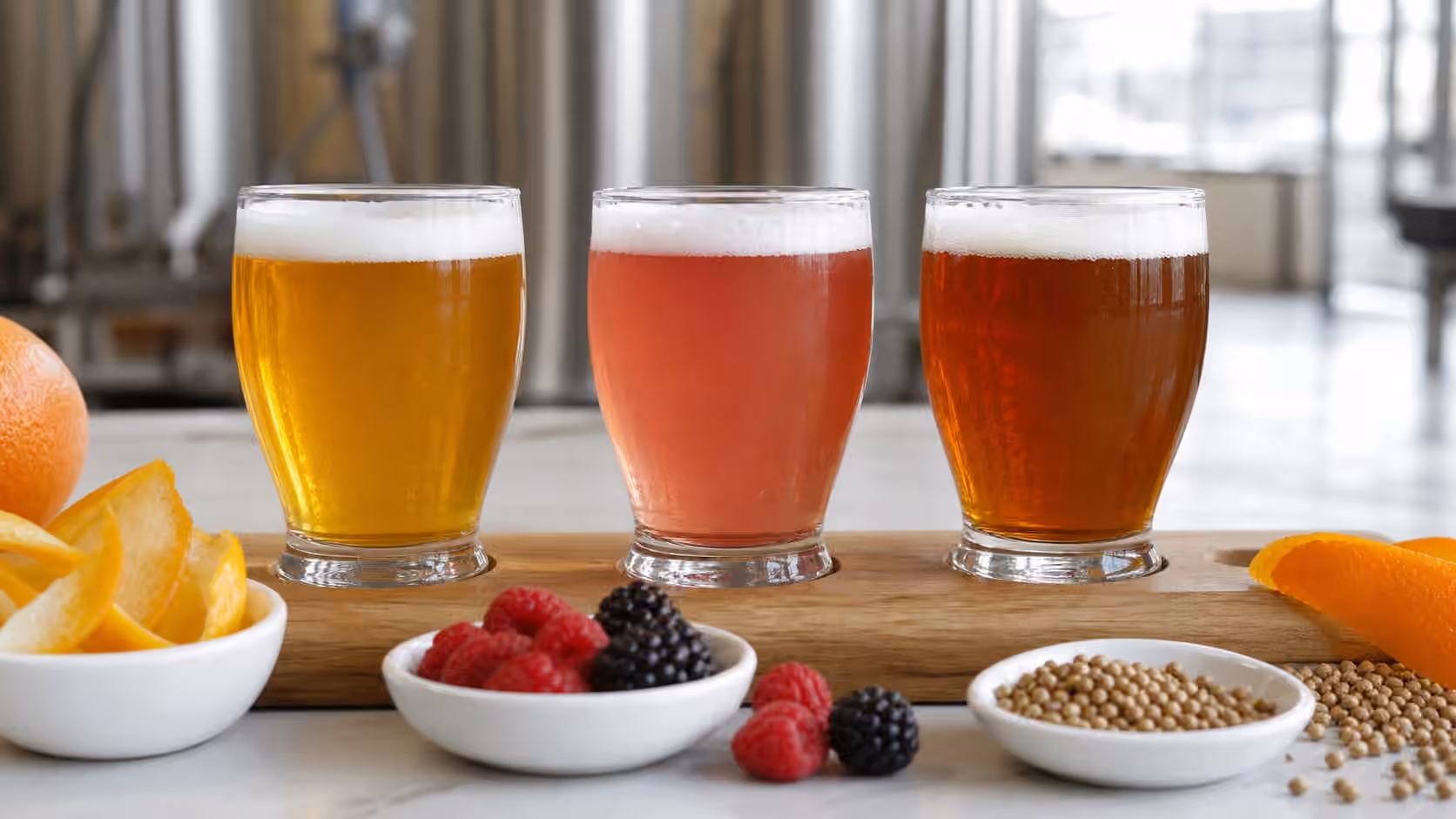 Three small tasting glasses of fruit and spiced beer beside citrus peel, berries, and coriander seed.