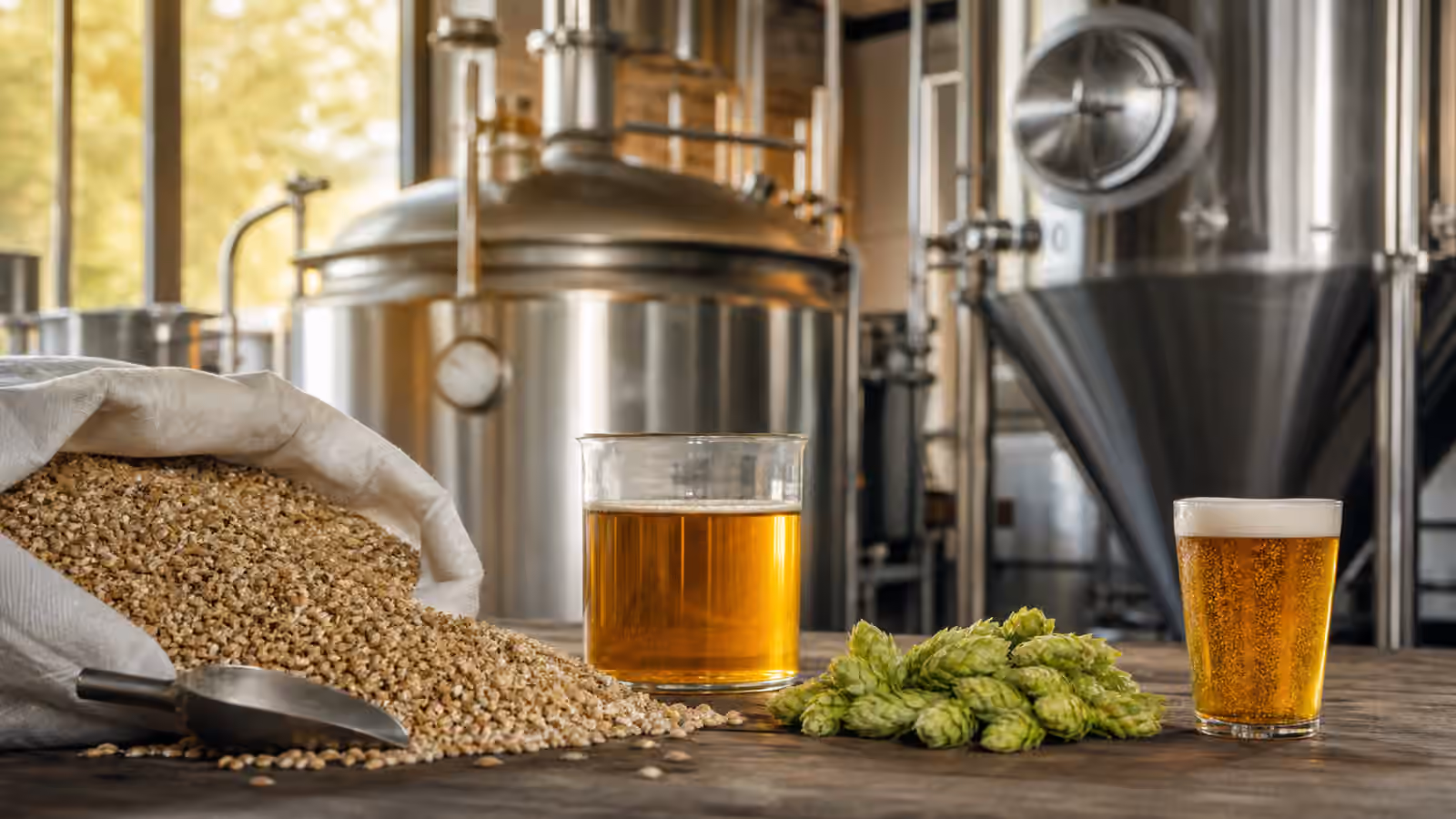 Crushed malt, hop cones, golden wort, and finished beer on a brewery table with brewhouse tanks behind them.
