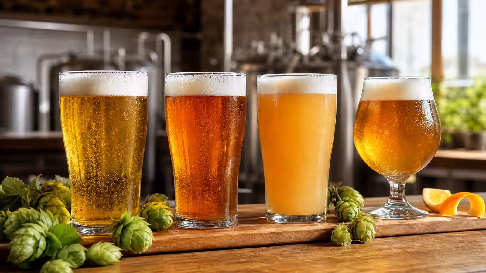 Four unbranded IPA tasting glasses in different colors and clarity levels with hop cones and citrus peel on a brewery bar.