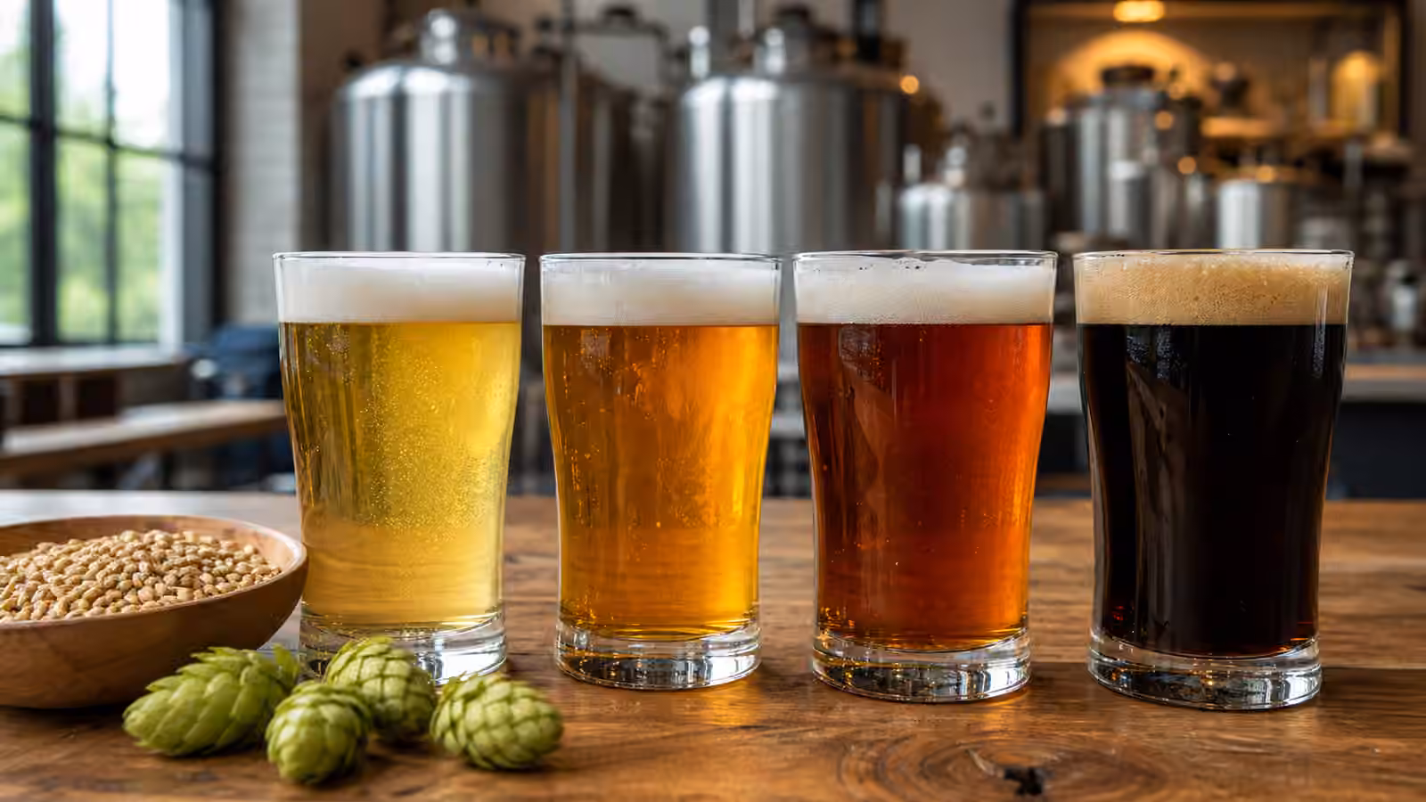 Four lager tasting glasses from pale gold to dark brown beside malt and hops in a brewery.