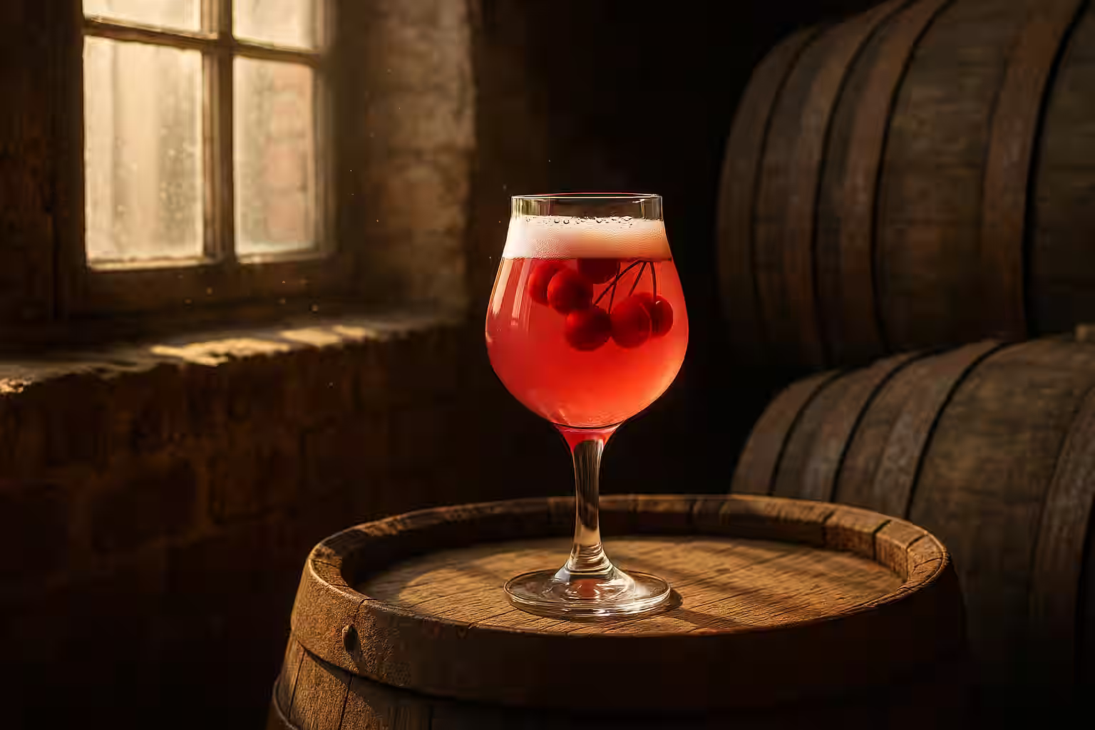 A tulip glass of pink-hued Kriek lambic with whole cherries floating, next to rustic oak barrels in a traditional Belgian lambic brewery, dust motes floating in afternoon light streaming through aged windows