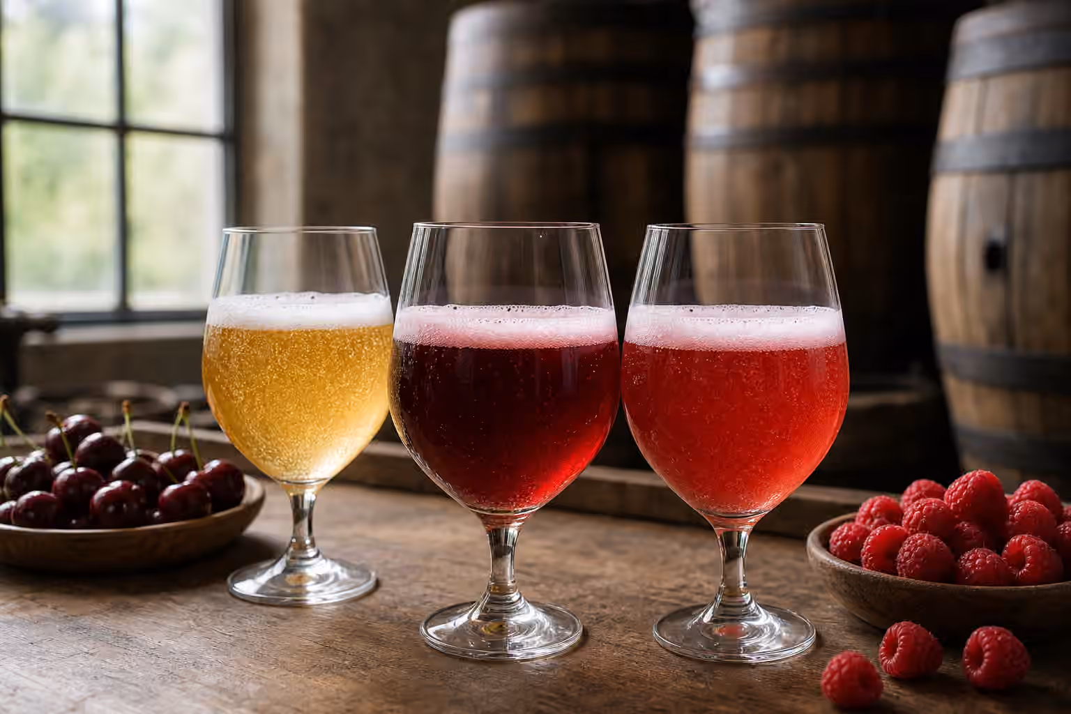Stemmed glasses of pale gueuze, cherry lambic, and raspberry lambic beside fresh fruit and oak barrels.