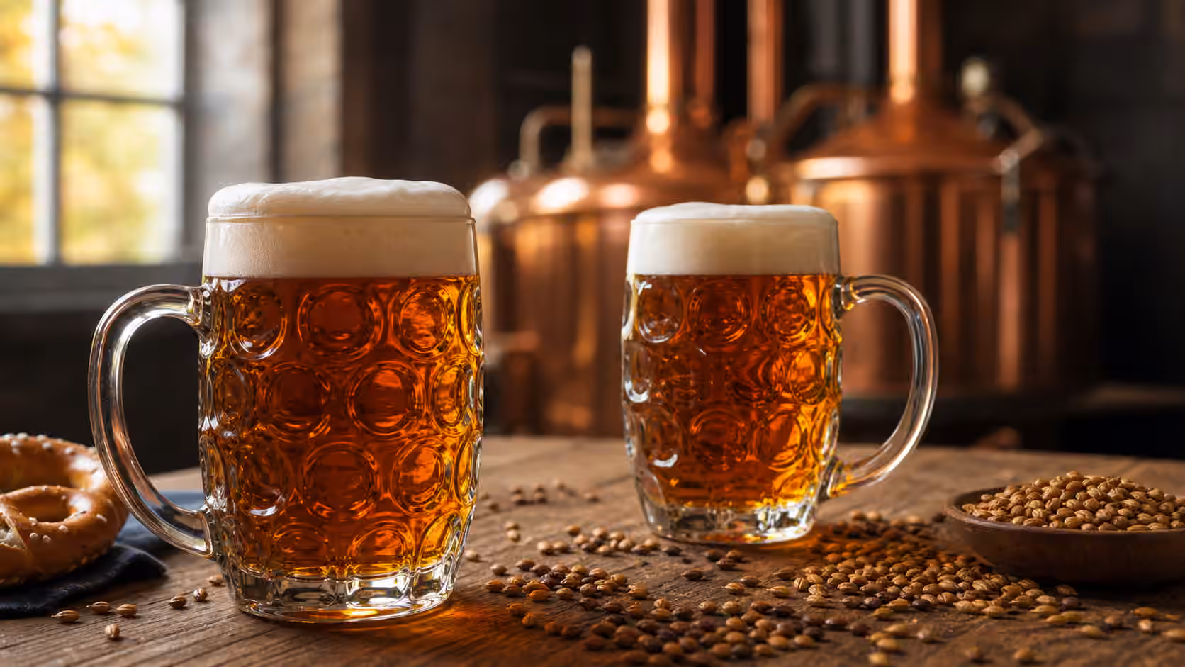 Two mugs of amber lager with creamy foam beside toasted malt on a warm brewery table.