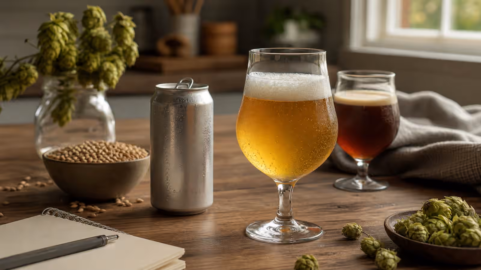 Unbranded non-alcoholic beer tasting glasses with barley, hops, and a notebook on a wooden table.