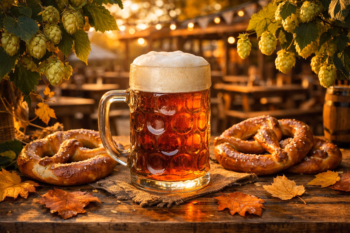 An Oktoberfest scene: amber Märzen beer in a traditional glass stein on a rustic table, surrounded by soft pretzels, fallen leaves, and hop vines, warm golden hour lighting filtering through a beer garden setting