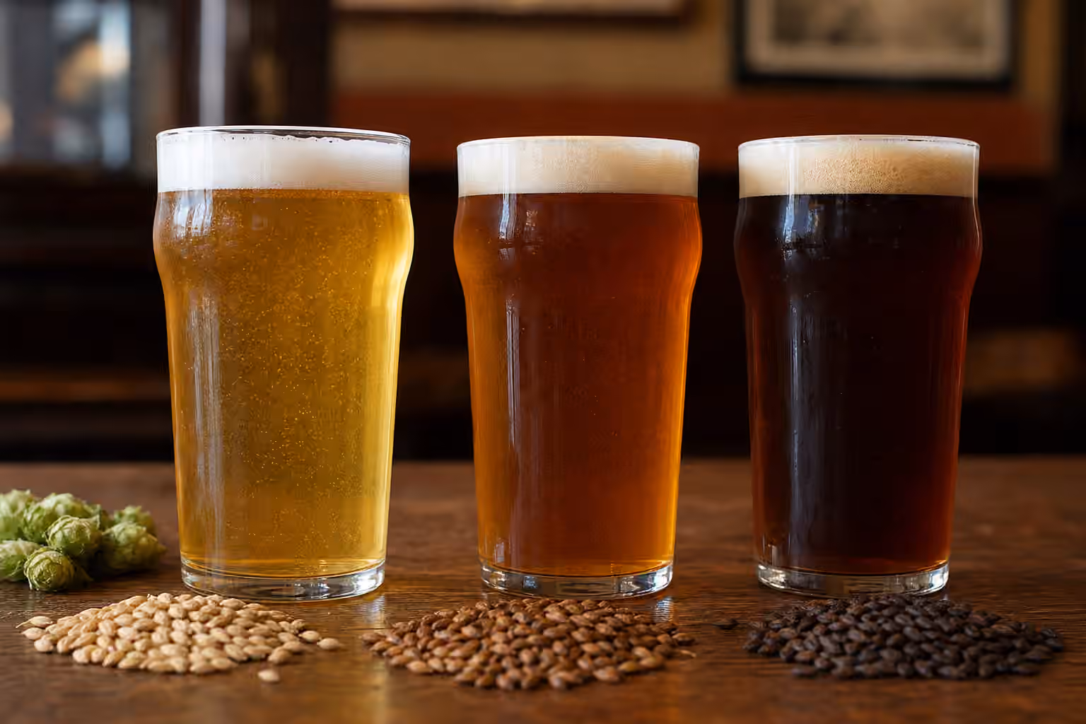 Three unbranded glasses of pale, amber, and brown ale with malt and hop cones on a pub table.