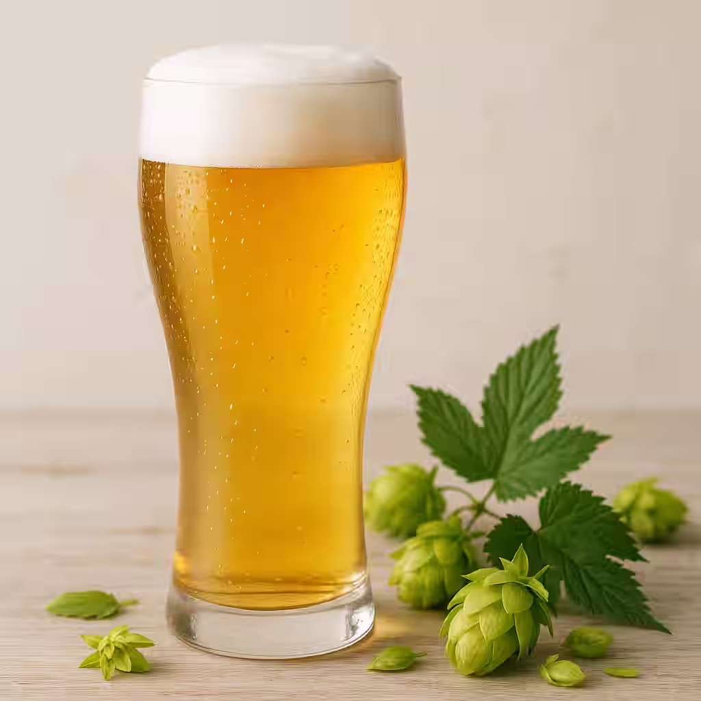 A crystal-clear golden Pilsner beer in a tall tapered Pilsner glass with a thick white foam head, beads of condensation on the glass, with Czech hop flowers and Saaz hops scattered on the table beside it, soft natural lighting