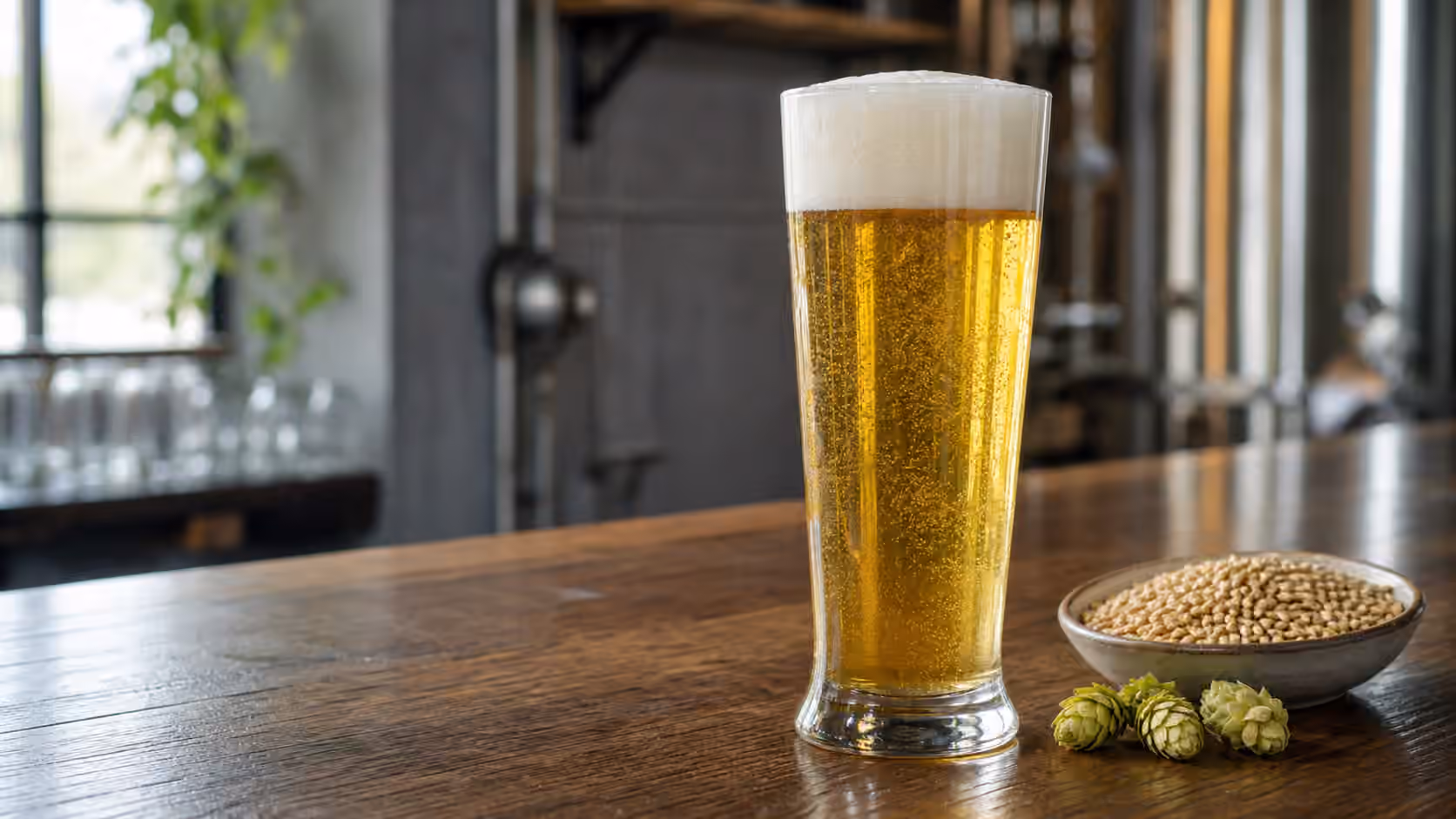 A tall glass of pale lager with dense foam beside pale malt and hop cones on a brewery bar.