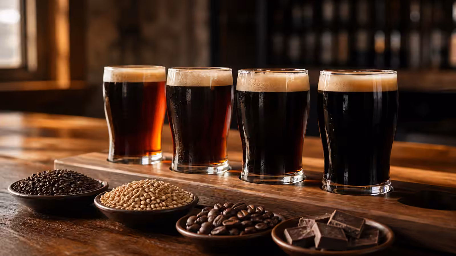 Dark porter and stout tasting glasses with roasted grain, coffee beans, and dark chocolate on a wooden bar.