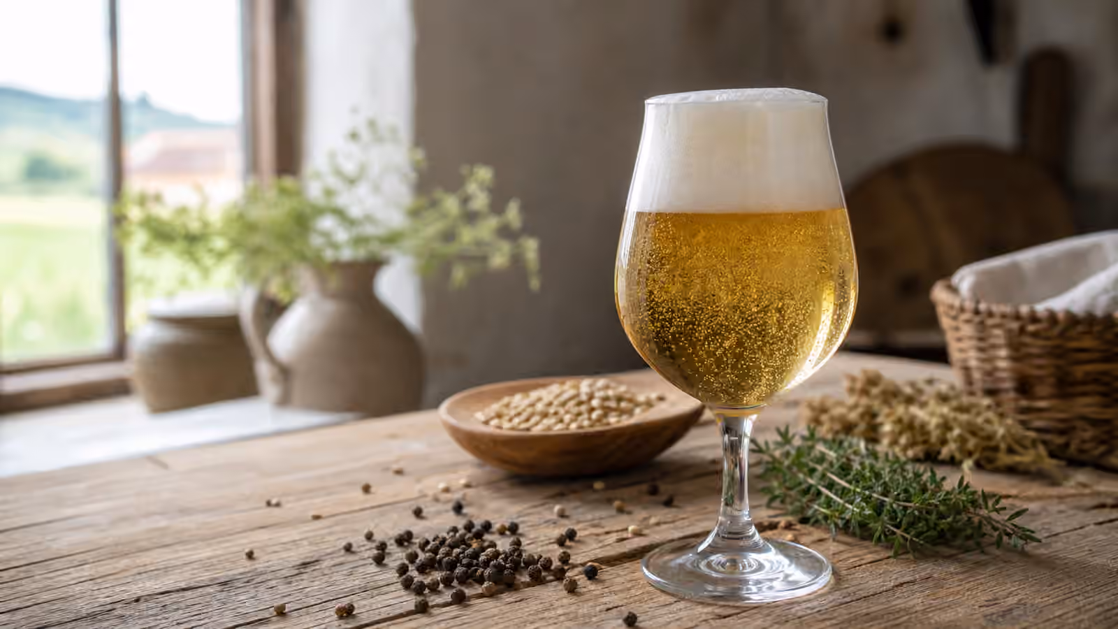 A golden saison in a stemmed glass with grain, peppercorns, and herbs on a rustic farmhouse table.