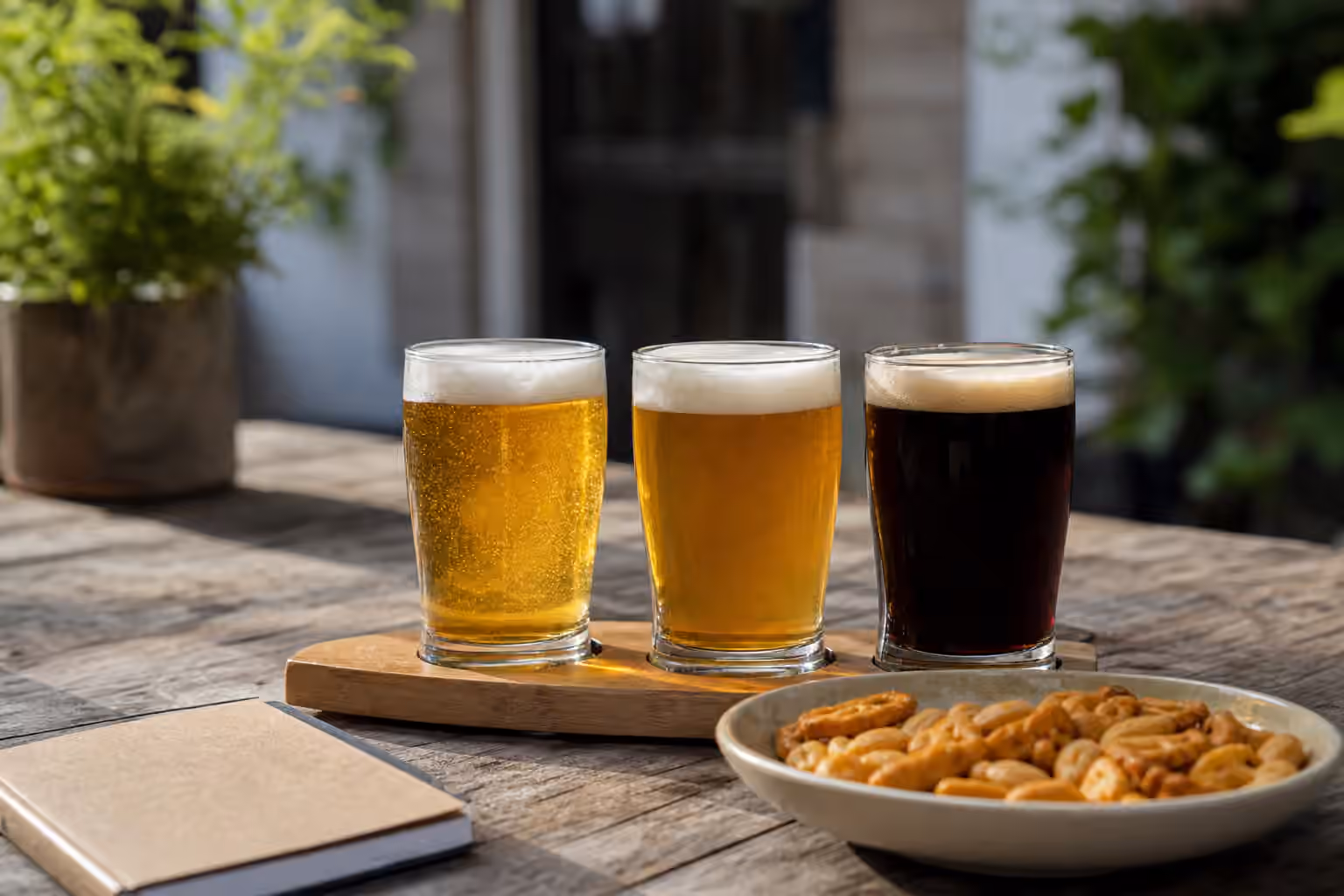 Three modest pours of unbranded beer on a patio table with simple salty snacks and a notebook.