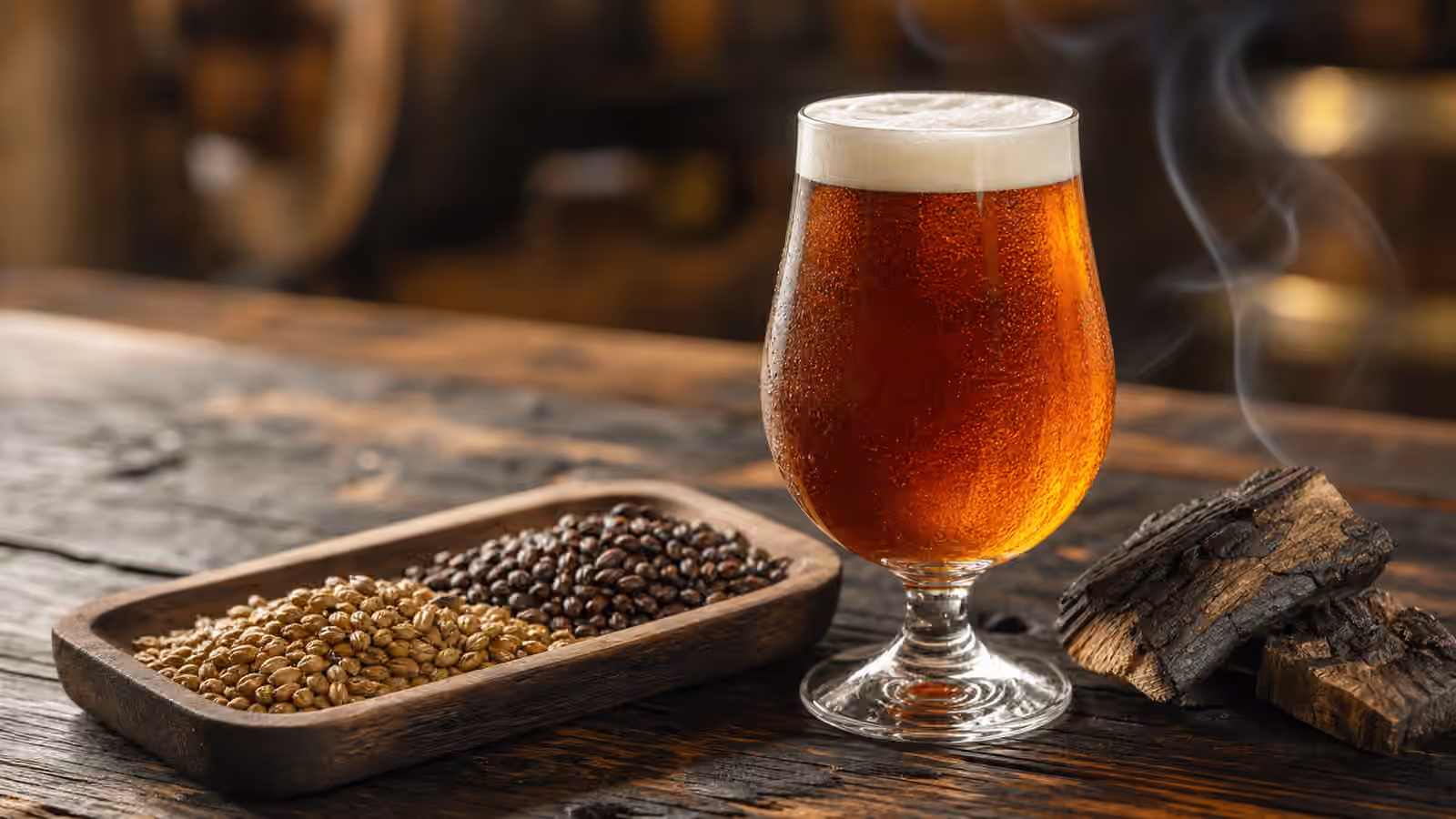 An amber smoked beer beside smoked malt and charred wood on a warm brewery tasting table.