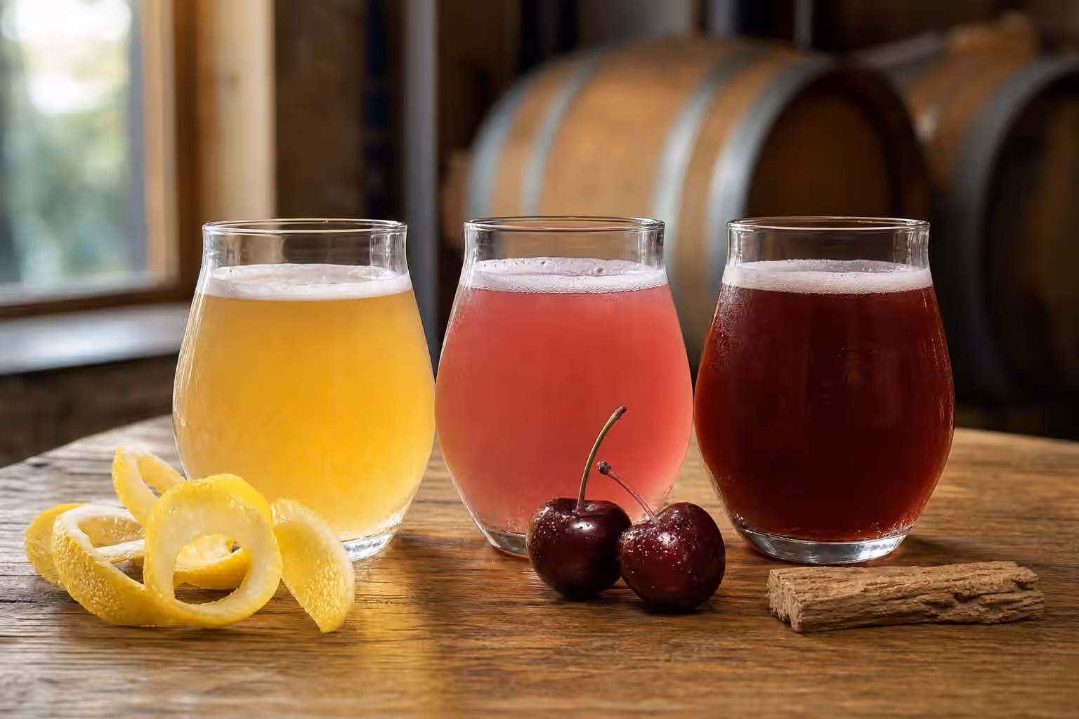 Three unbranded sour beer tasting glasses on a wooden table with cherries, lemon peel, oak, and blurred barrels behind them.
