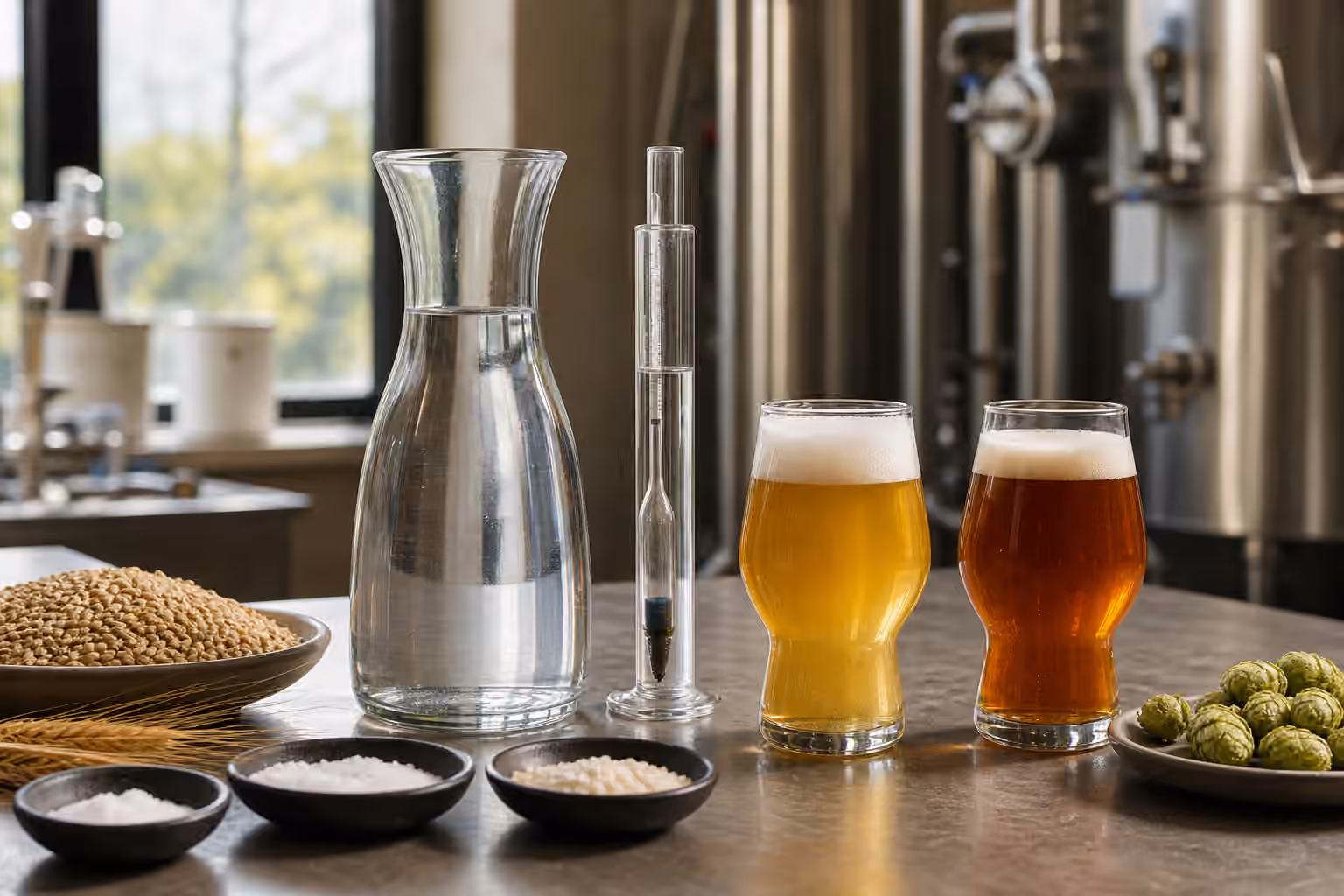 A clear carafe of brewing water beside malt, hop cones, mineral dishes, and two beer tasting glasses on a brewery lab bench.