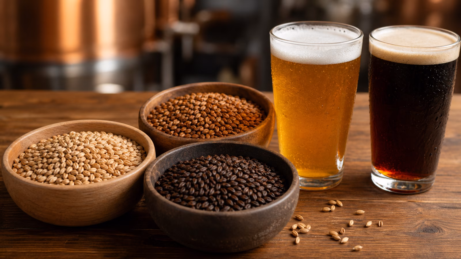 Bowls of pale, amber, and roasted malt beside golden and dark beer on a wooden brewery table.