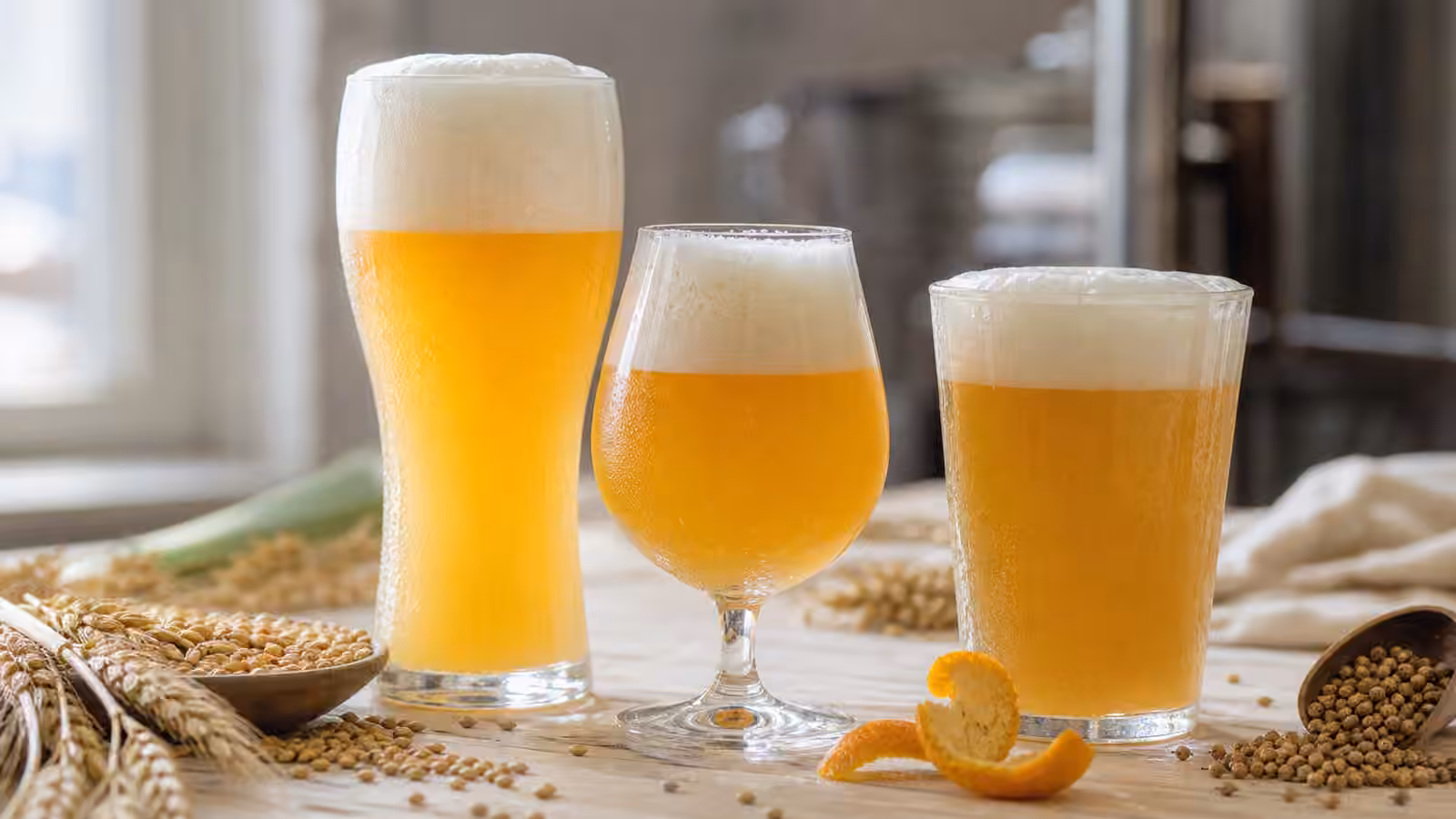 Cloudy wheat beers with white foam beside wheat, orange peel, and coriander on a bright table.