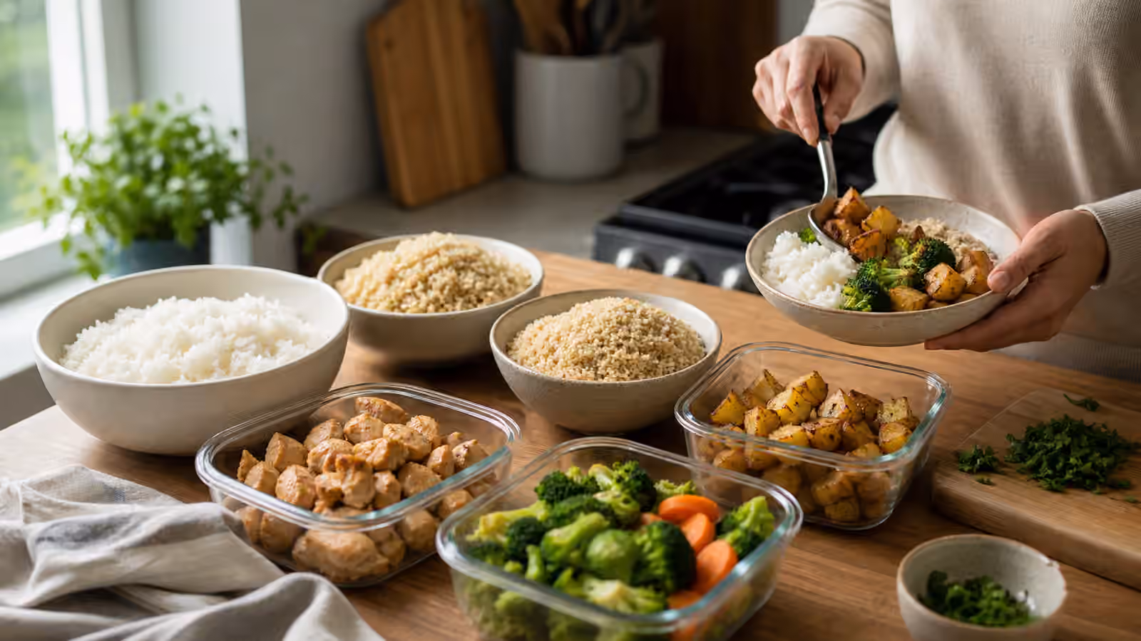 Bowls of rice and grains beside cooked protein, vegetables, potatoes, herbs, and a finished boy kibble bowl on a kitchen counter.