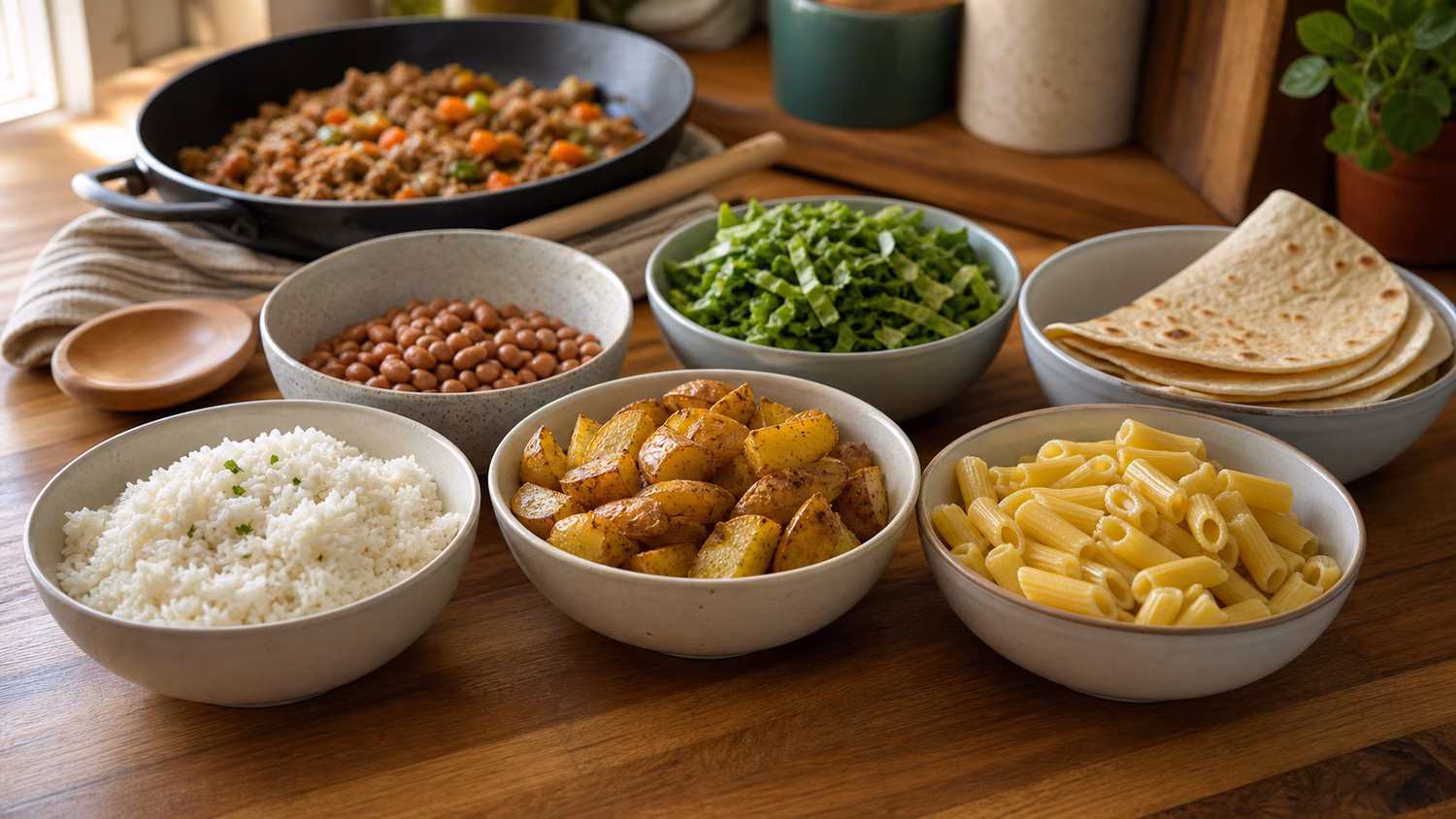 A kitchen counter with bowls of rice, roasted potatoes, pasta, beans, greens, and tortillas for simple meals.
