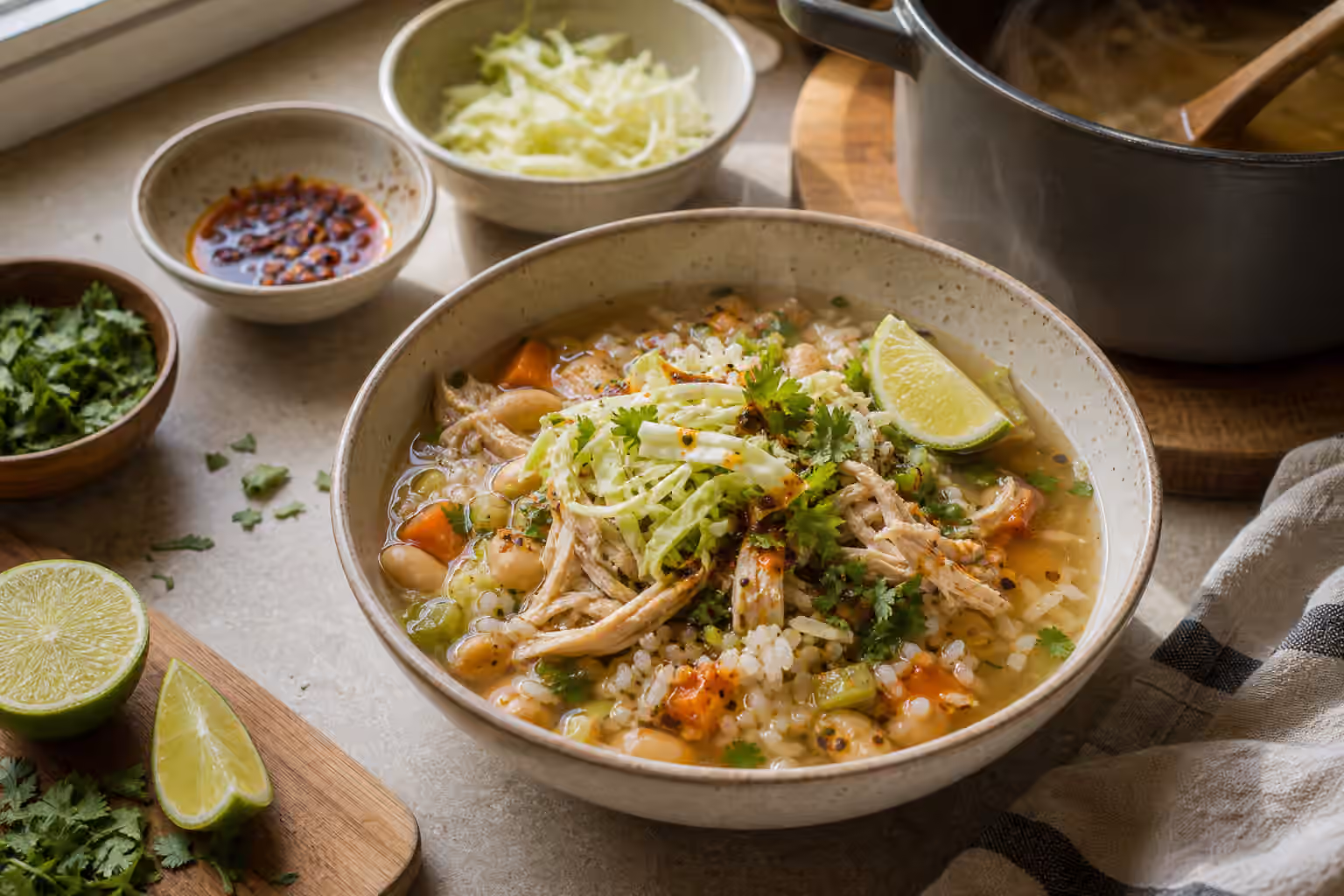 A deep bowl with rice, shredded chicken, beans, vegetables, broth, cabbage, herbs, lime, and chili oil.