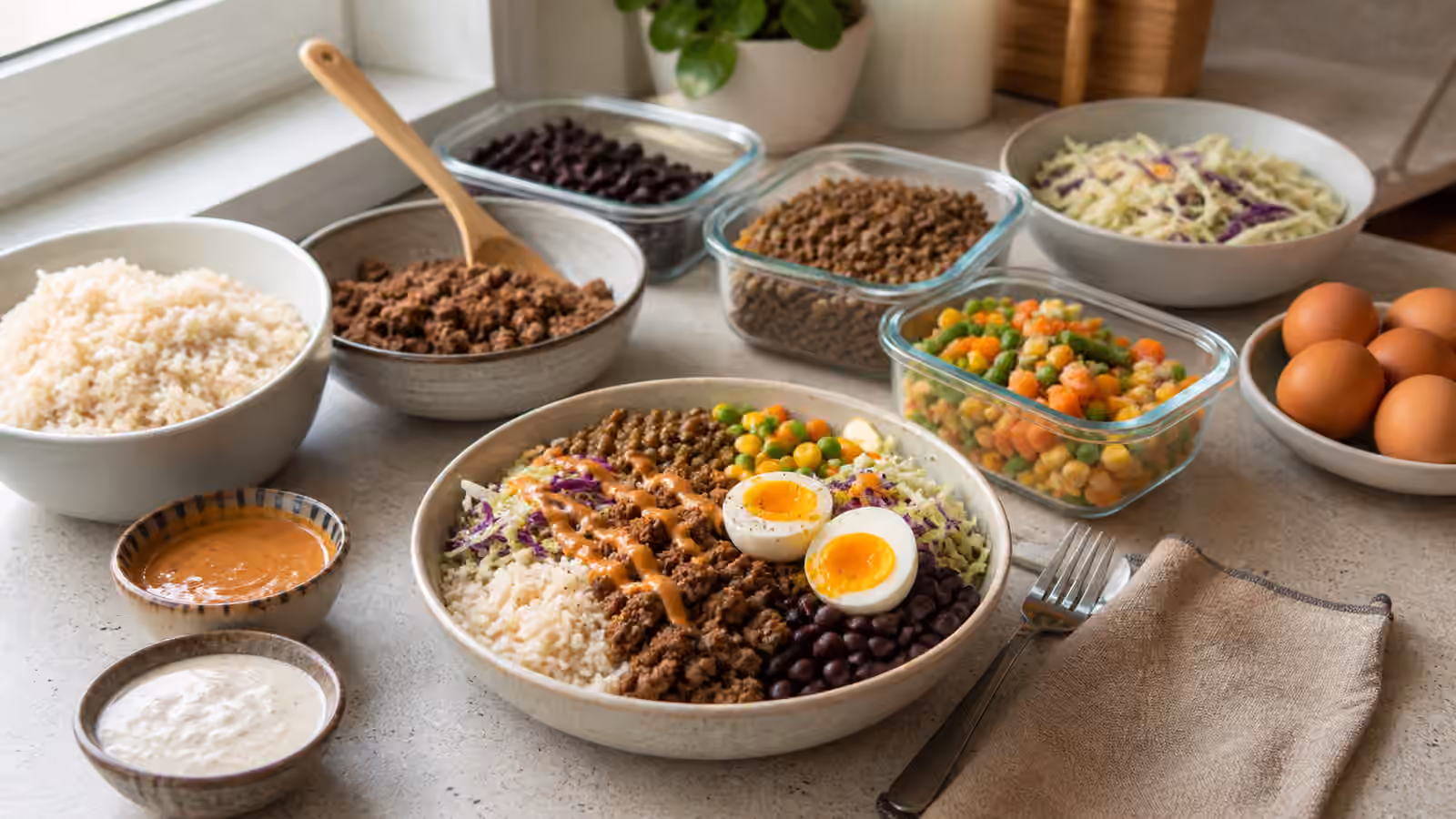 A budget-friendly boy kibble bowl with rice, beans, vegetables, eggs, sauces, and batch-cooked components.