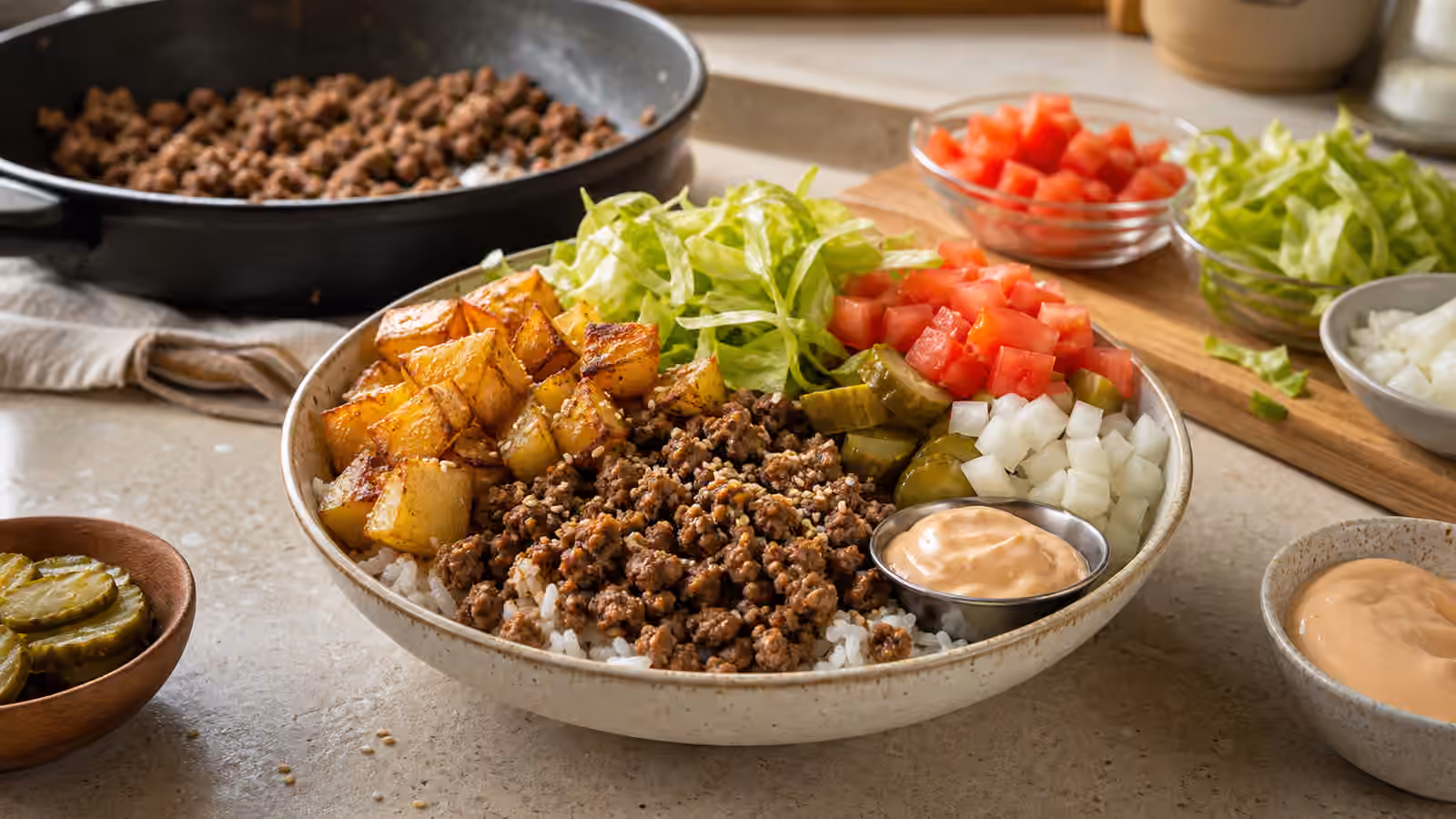 A burger bowl boy kibble meal with browned beef, roasted potatoes, lettuce, tomato, pickles, onions, sesame seeds, and creamy sauce.