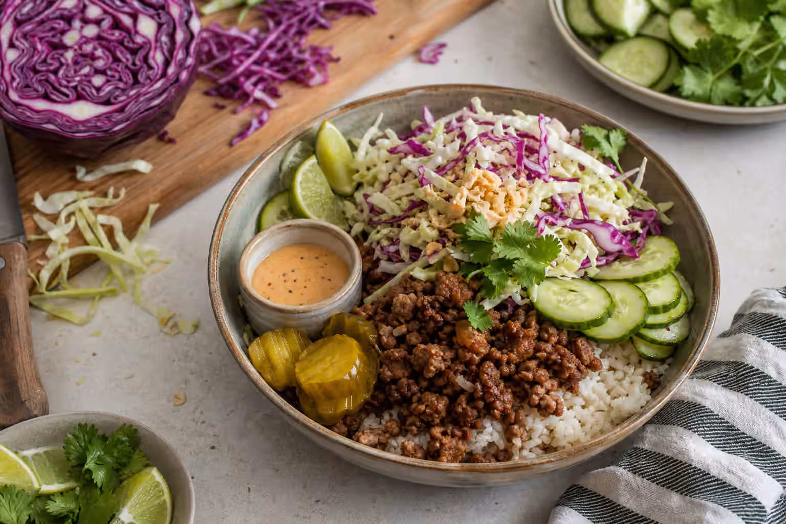 A rice bowl with browned meat, shredded cabbage slaw, cucumber, pickles, lime, herbs, and sauce.