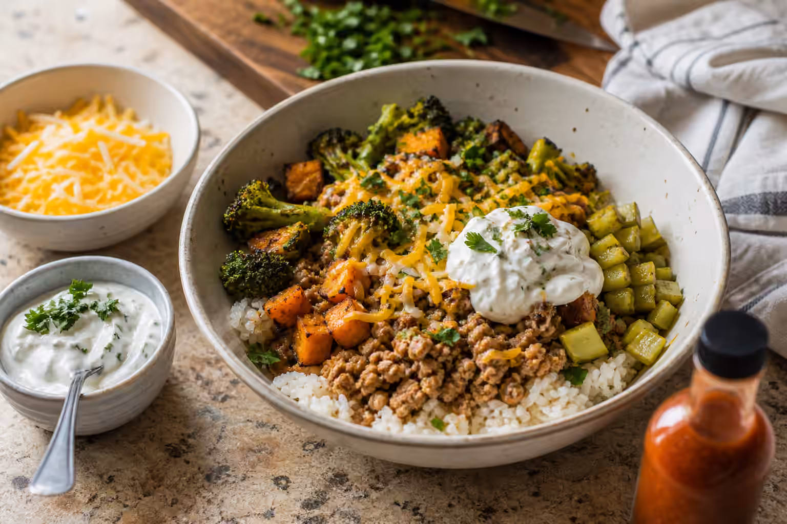 A rice bowl with browned turkey, roasted vegetables, melted cheese, yogurt sauce, herbs, and pickles.