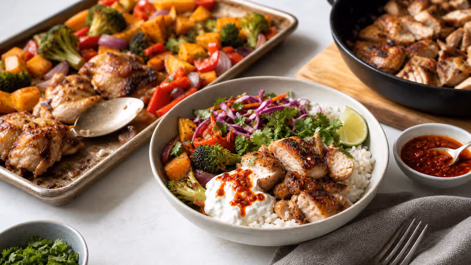 A chicken thigh boy kibble bowl with rice, roasted vegetables, slaw, lime, herbs, and sauce.