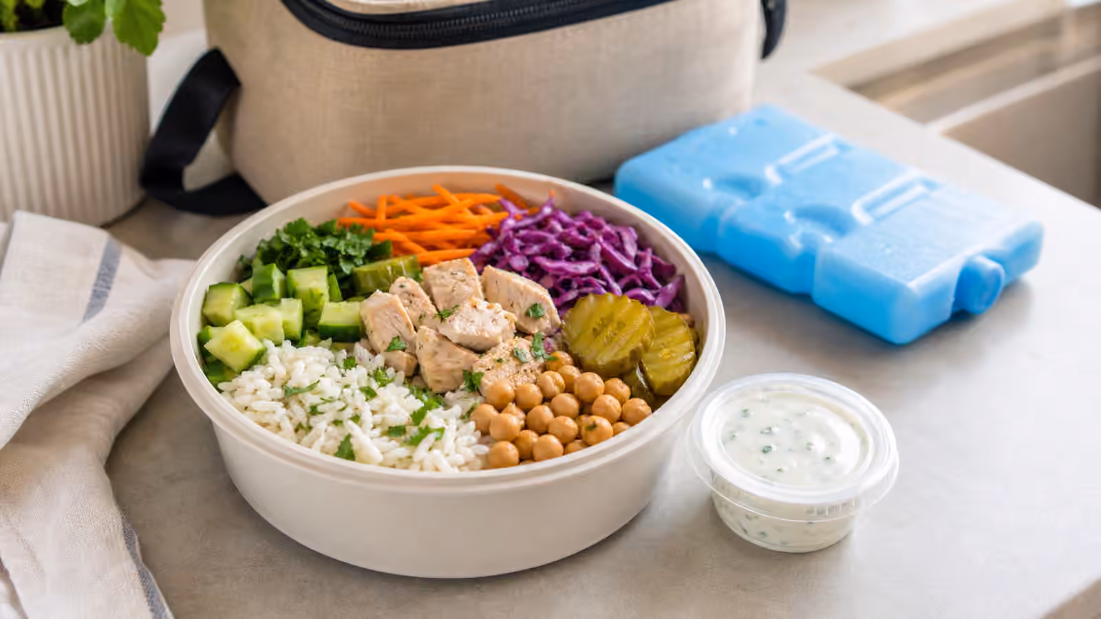A cold boy kibble lunch bowl with rice, chicken, chickpeas, cucumber, cabbage, carrots, pickles, herbs, sauce, a sauce cup, and a cold pack.