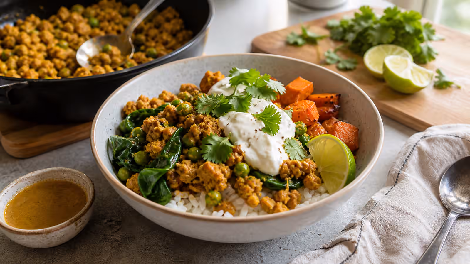 A curry-style boy kibble bowl with rice, curry-seasoned turkey, chickpeas, spinach, peas, carrots, yogurt, cilantro, and lime.