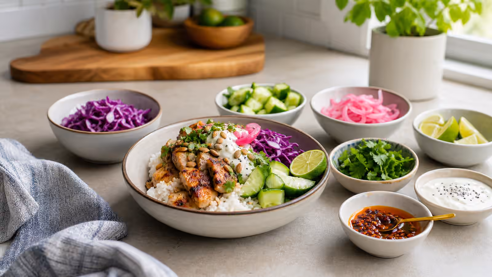 A rice and protein bowl surrounded by cabbage, cucumber, herbs, pickled onions, lime, yogurt sauce, seeds, and chili oil.