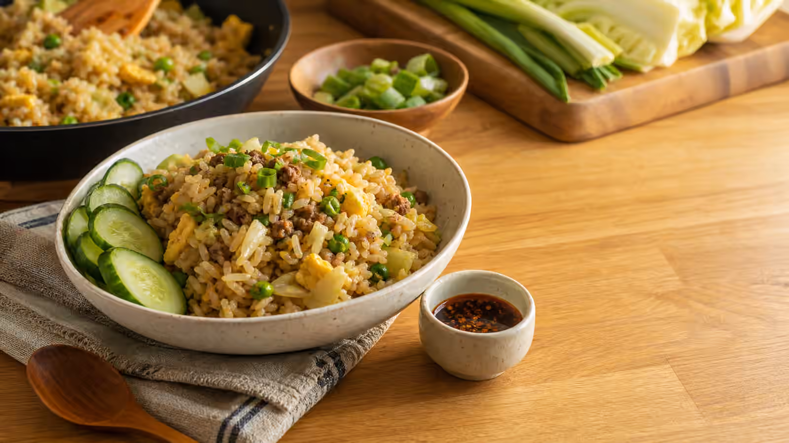 A fried rice boy kibble bowl with egg, peas, browned protein, cucumber, scallions, and chili oil.