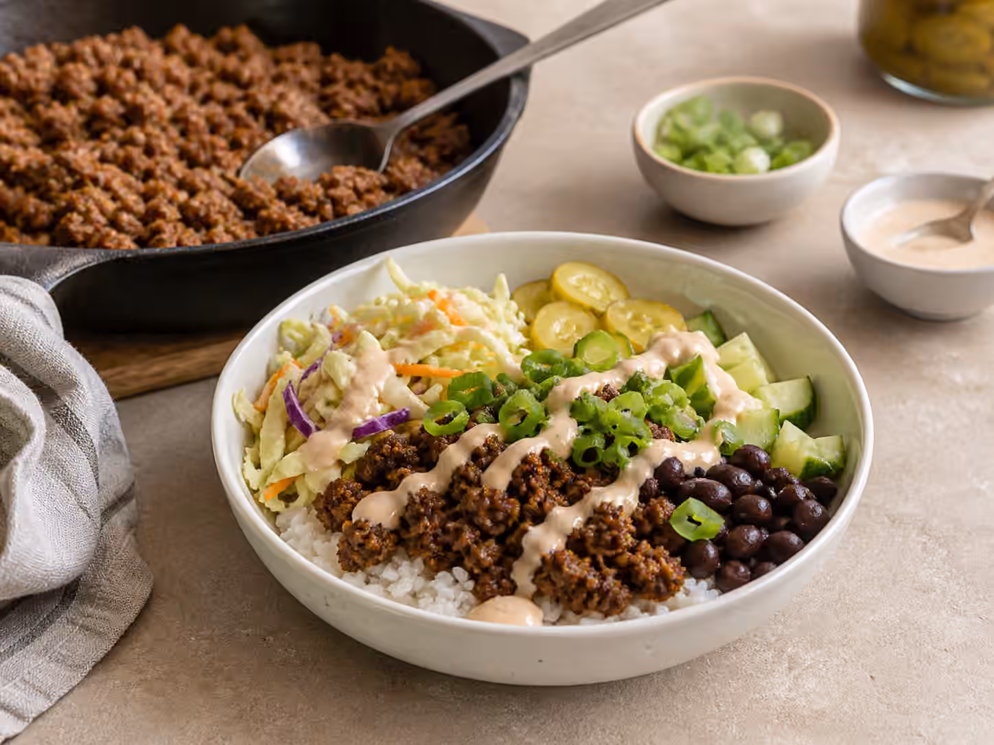 A rice bowl with browned ground beef, black beans, slaw, pickles, cucumber, scallions, and creamy sauce beside a skillet.