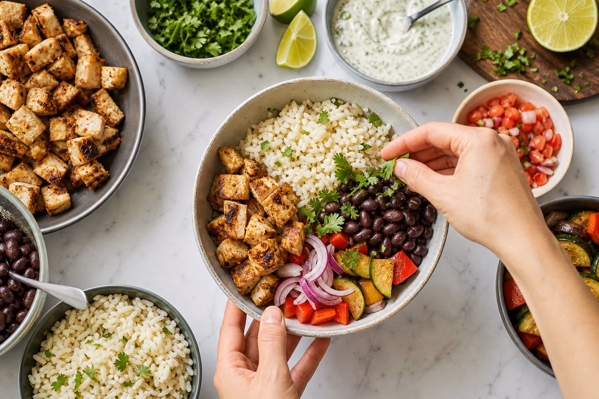 A balanced simple bowl with protein, rice, vegetables, beans, herbs, lime, and sauce arranged in clear portions