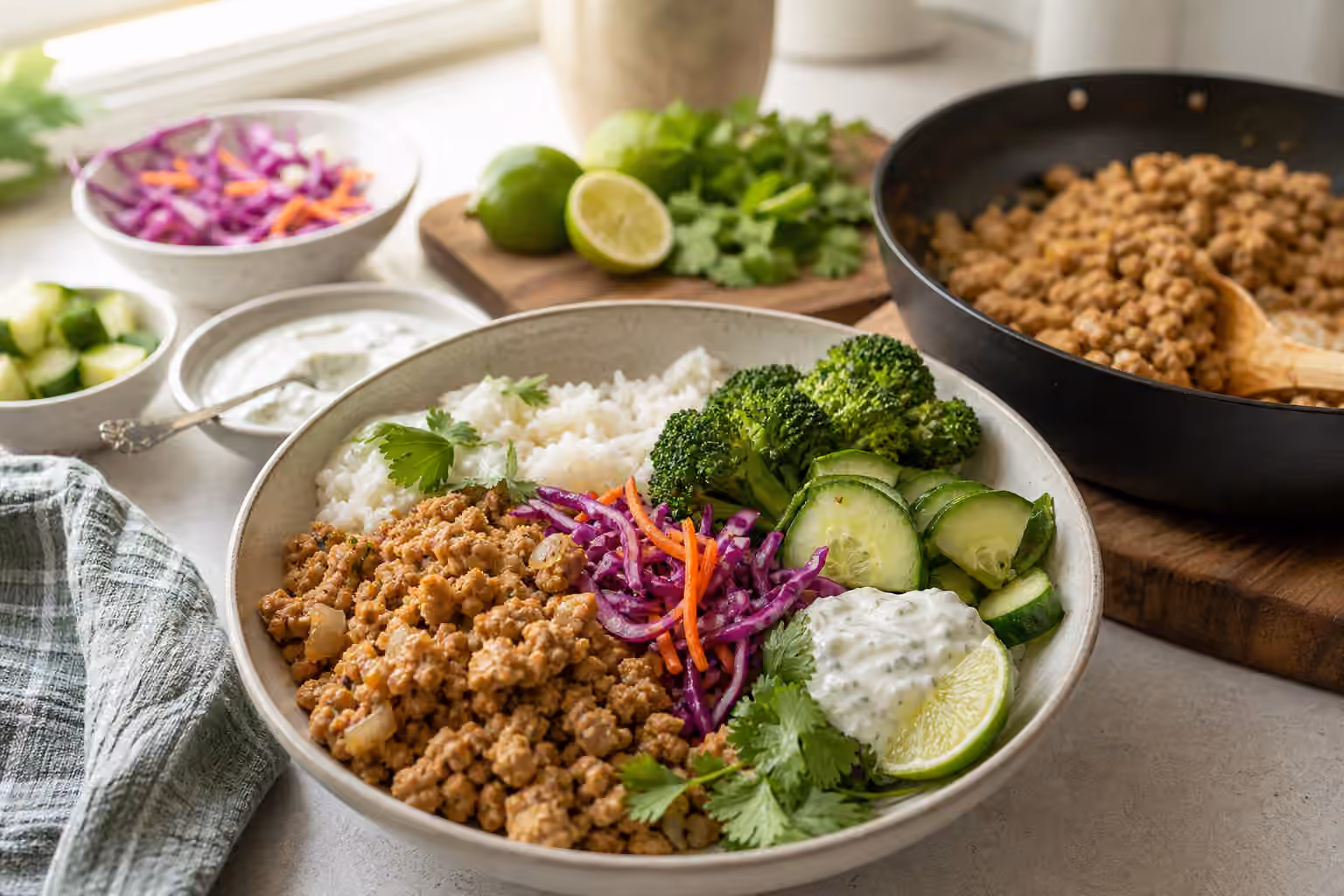 A rice bowl with browned lean ground meat, broccoli, slaw, cucumber, herbs, yogurt sauce, and lime beside a skillet.