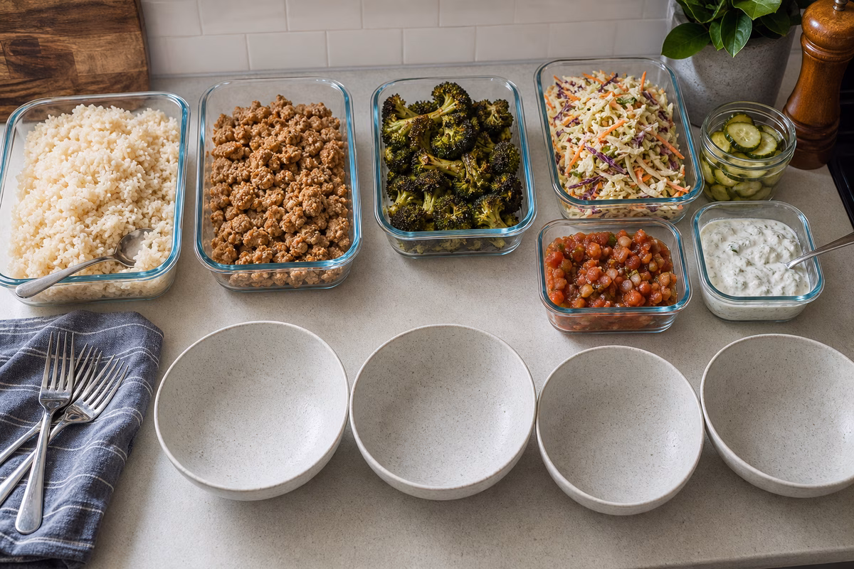 Meal prep components for simple bowls stored separately with rice, turkey, vegetables, slaw, pickles, and sauces
