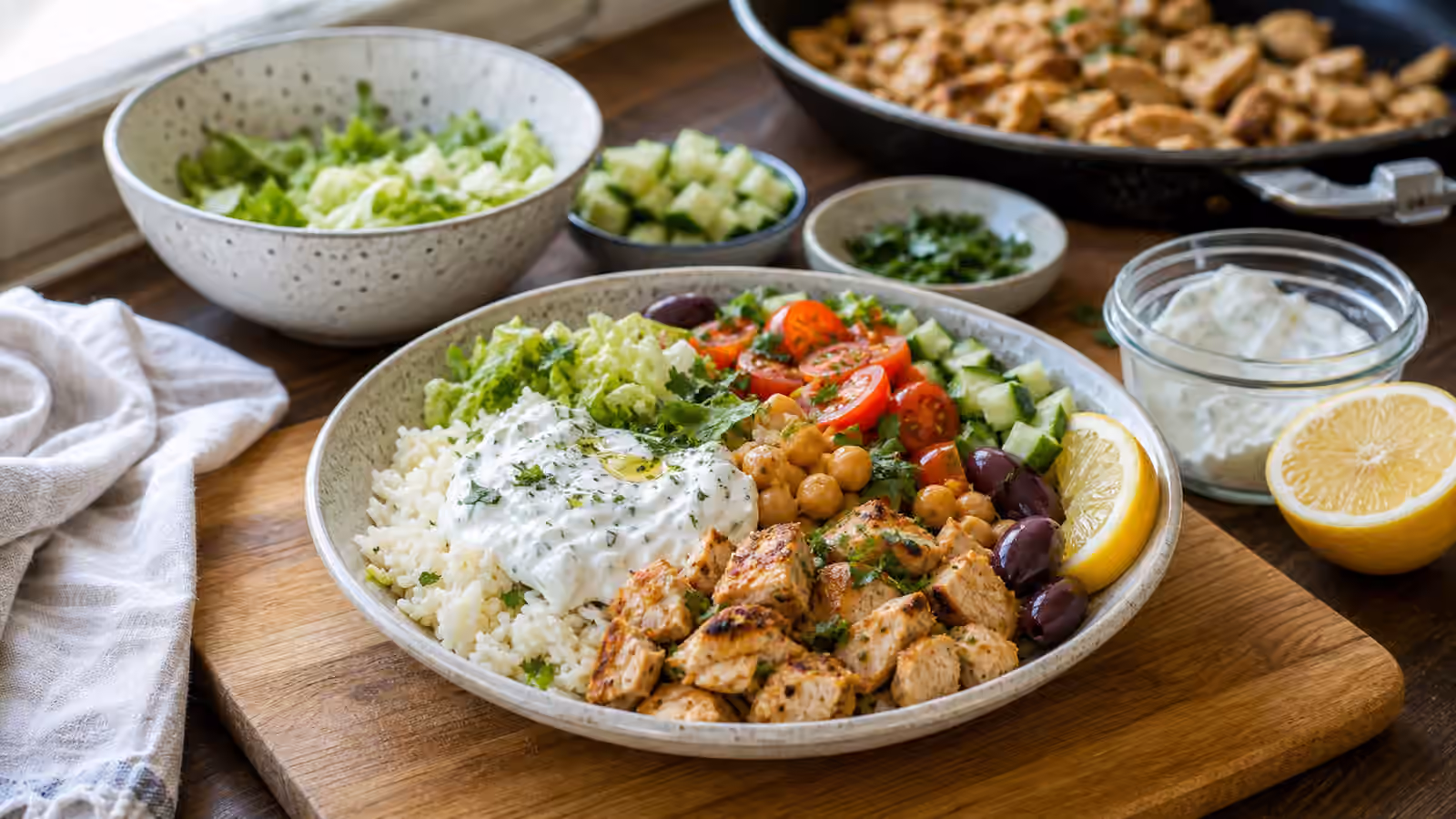 A Mediterranean-ish boy kibble bowl with rice, chicken, chickpeas, cucumber, tomato, greens, olives, lemon, herbs, and yogurt sauce.