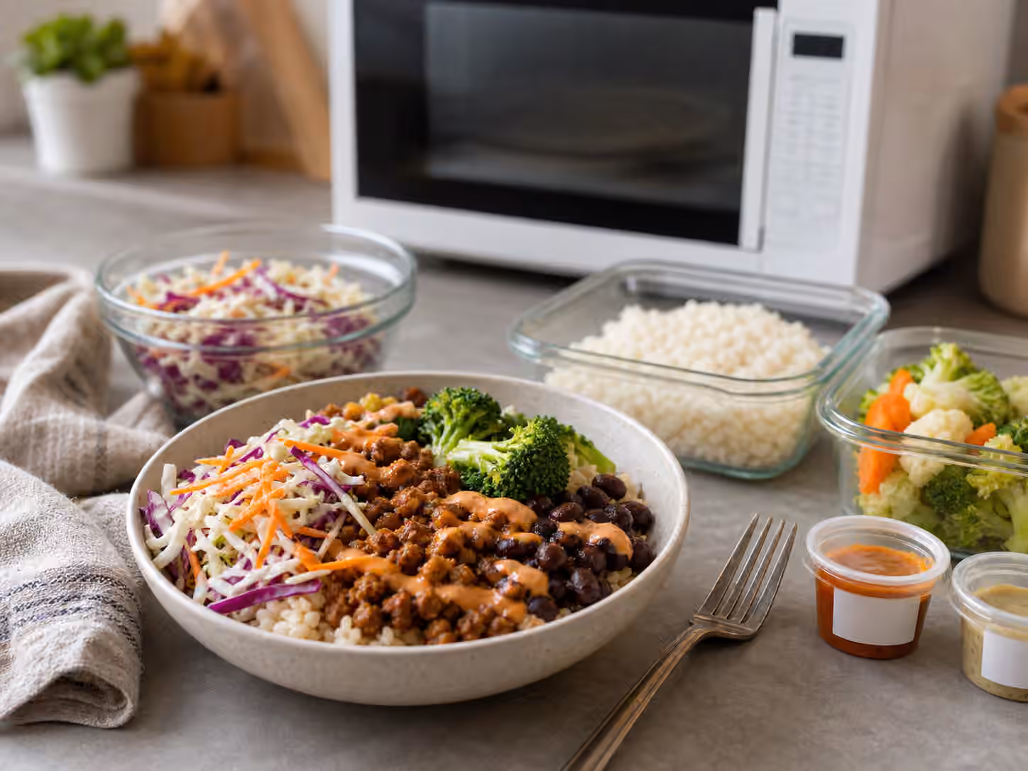 A microwave boy kibble bowl with rice, beans, browned crumbles, slaw, steamed vegetables, sauce cups, and microwave-safe containers on a kitchen counter.