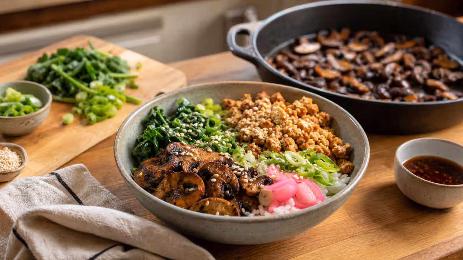 A mushroom boy kibble bowl with rice, browned mushrooms, ground turkey, greens, scallions, pickled vegetables, sesame seeds, and savory sauce.
