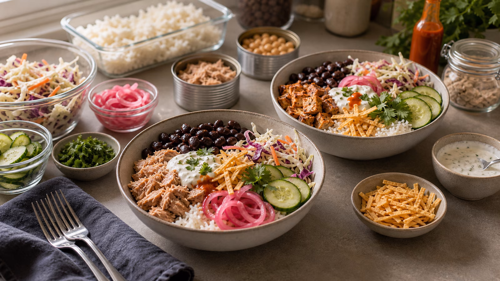 Practical no-cook boy kibble bowls with rice, beans, tuna-style protein, slaw, cucumbers, pickled onions, herbs, sauces, and crunchy toppings.
