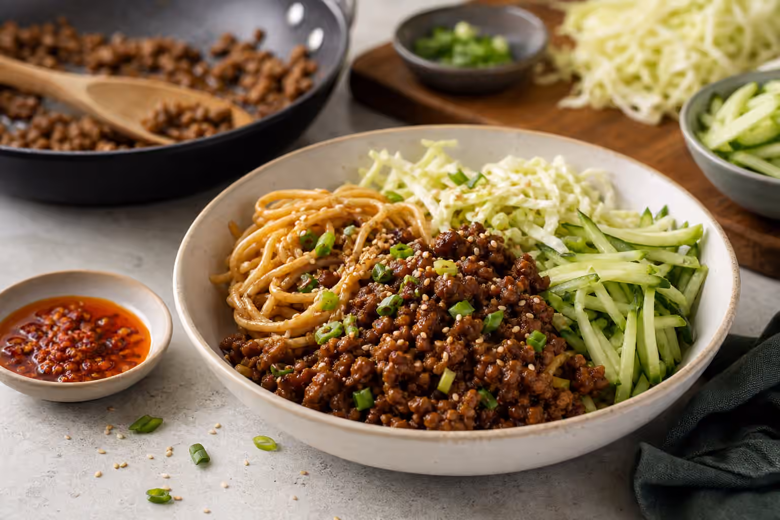 A noodle boy kibble bowl with sauced noodles, browned ground protein, cabbage, cucumber, green onion, sesame, and chili sauce.