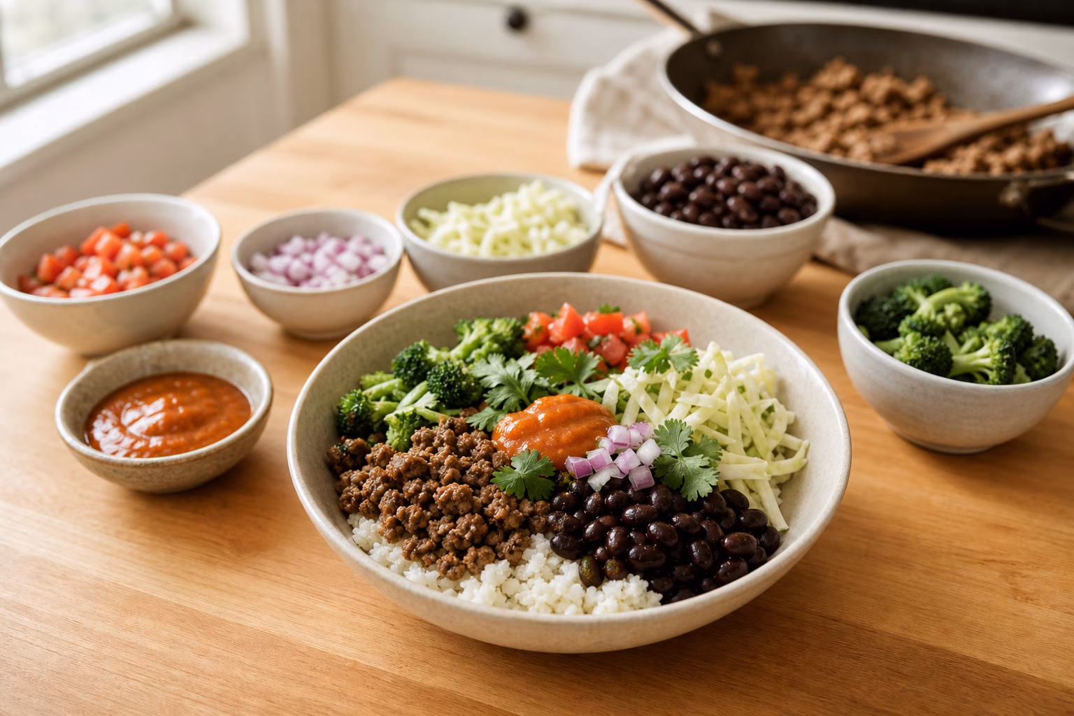 A practical boy kibble bowl with rice, browned meat, beans, broccoli, cabbage, sauce, herbs, and simple portion components on a kitchen counter.