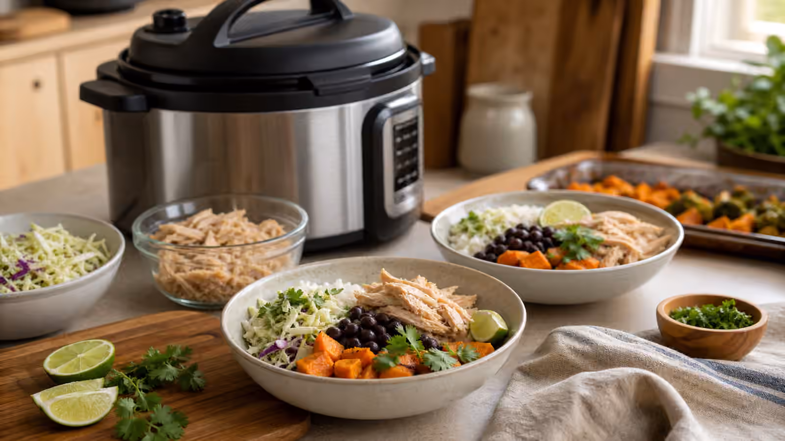A pressure cooker beside rice bowls with shredded chicken, beans, slaw, roasted vegetables, lime, herbs, and simple toppings.