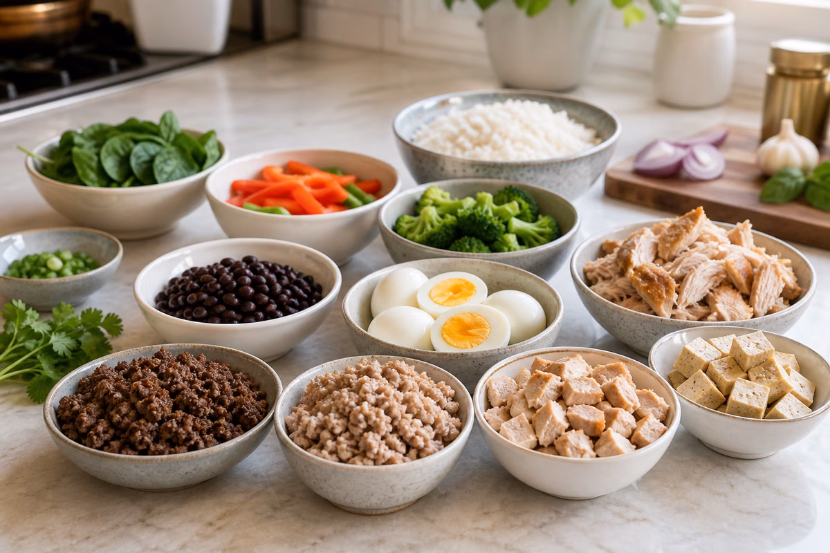 Protein options for simple bowls including beef, turkey, chicken, tofu, beans, eggs, and rotisserie chicken