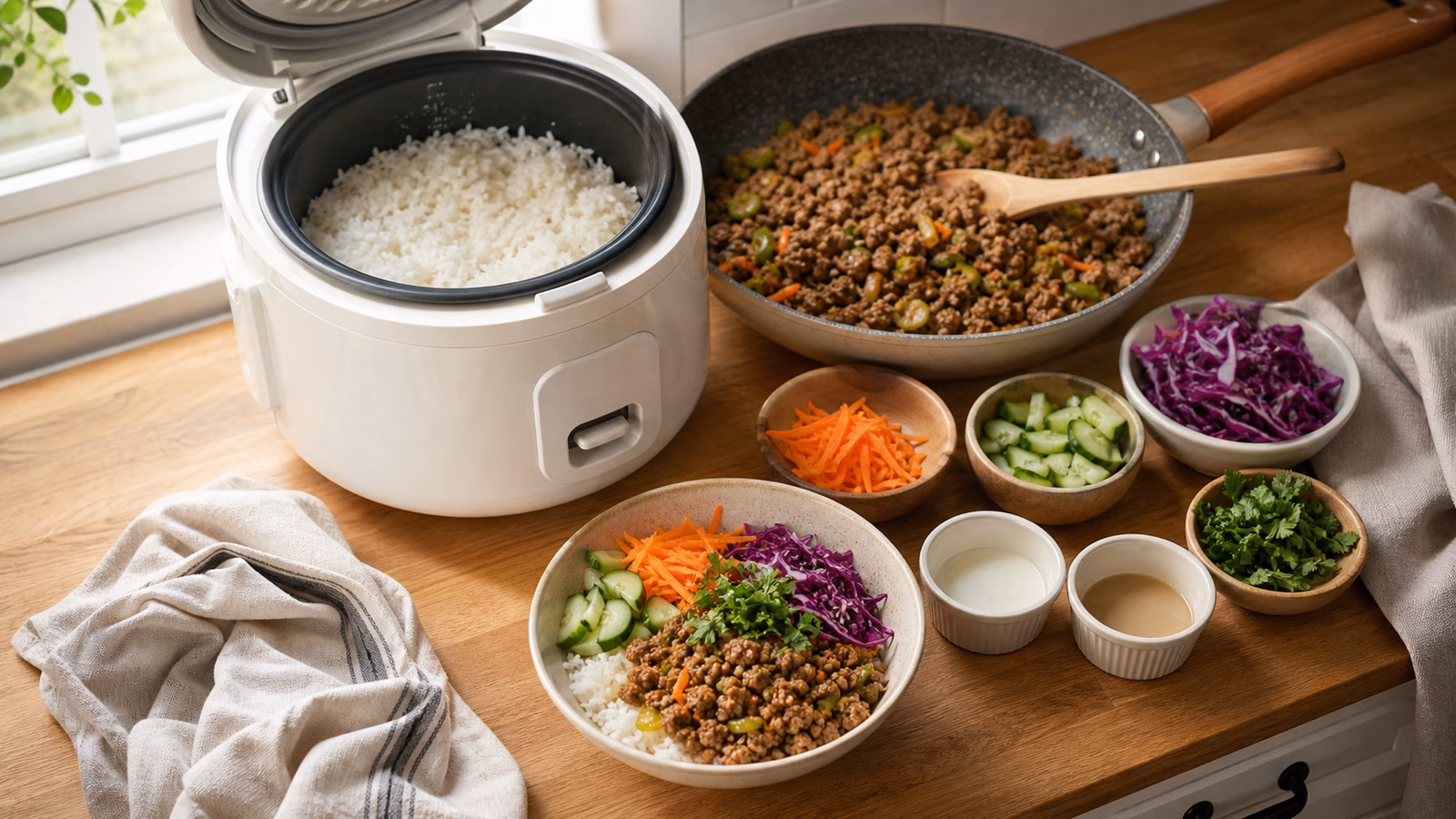 An open rice cooker with white rice, browned protein, fresh vegetables, herbs, sauce cups, and a finished boy kibble bowl on a kitchen counter.