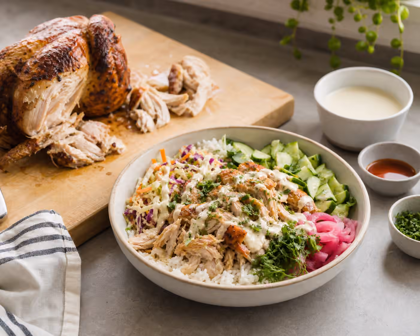 A rice bowl with pulled rotisserie chicken, slaw, cucumber, herbs, pickled onions, and creamy sauce beside a partly pulled roast chicken.