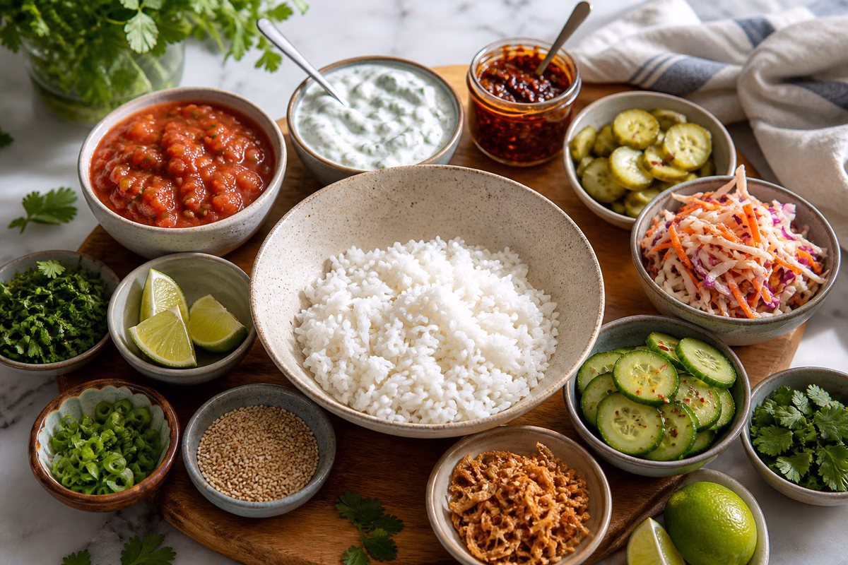 A sauce and topping board with salsa, yogurt sauce, chili crisp, pickles, slaw, herbs, lime, and crispy finishes