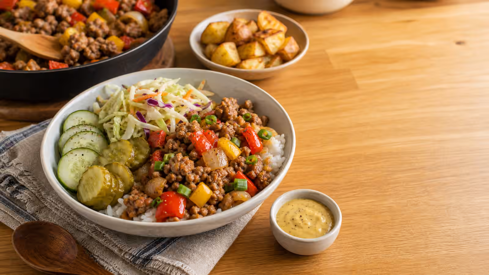 A sausage and pork boy kibble bowl with rice, browned crumbles, peppers, slaw, cucumber, pickles, and creamy sauce.