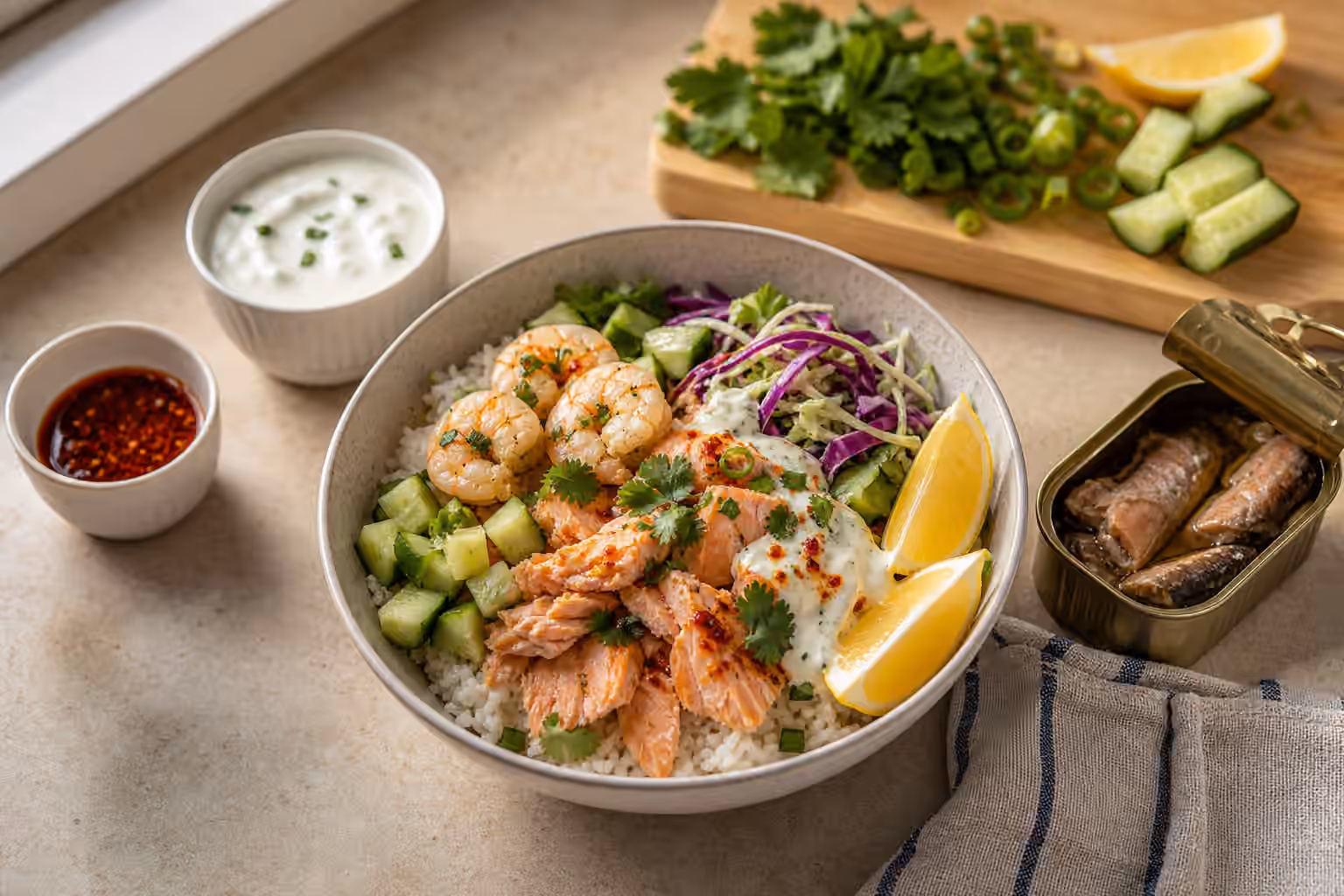 A simple seafood boy kibble bowl with rice, salmon, shrimp, cucumbers, slaw, herbs, lemon, yogurt sauce, chili oil, and an unlabeled tin of fish.